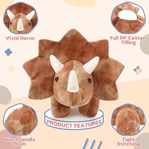 Miniatura 3 de Tezituor Peluche de Triceratops de 24.4 pulgadas, juguete de peluche de dinosaurio grande, almohada de peluche, regalo de cumpleaños para niños y