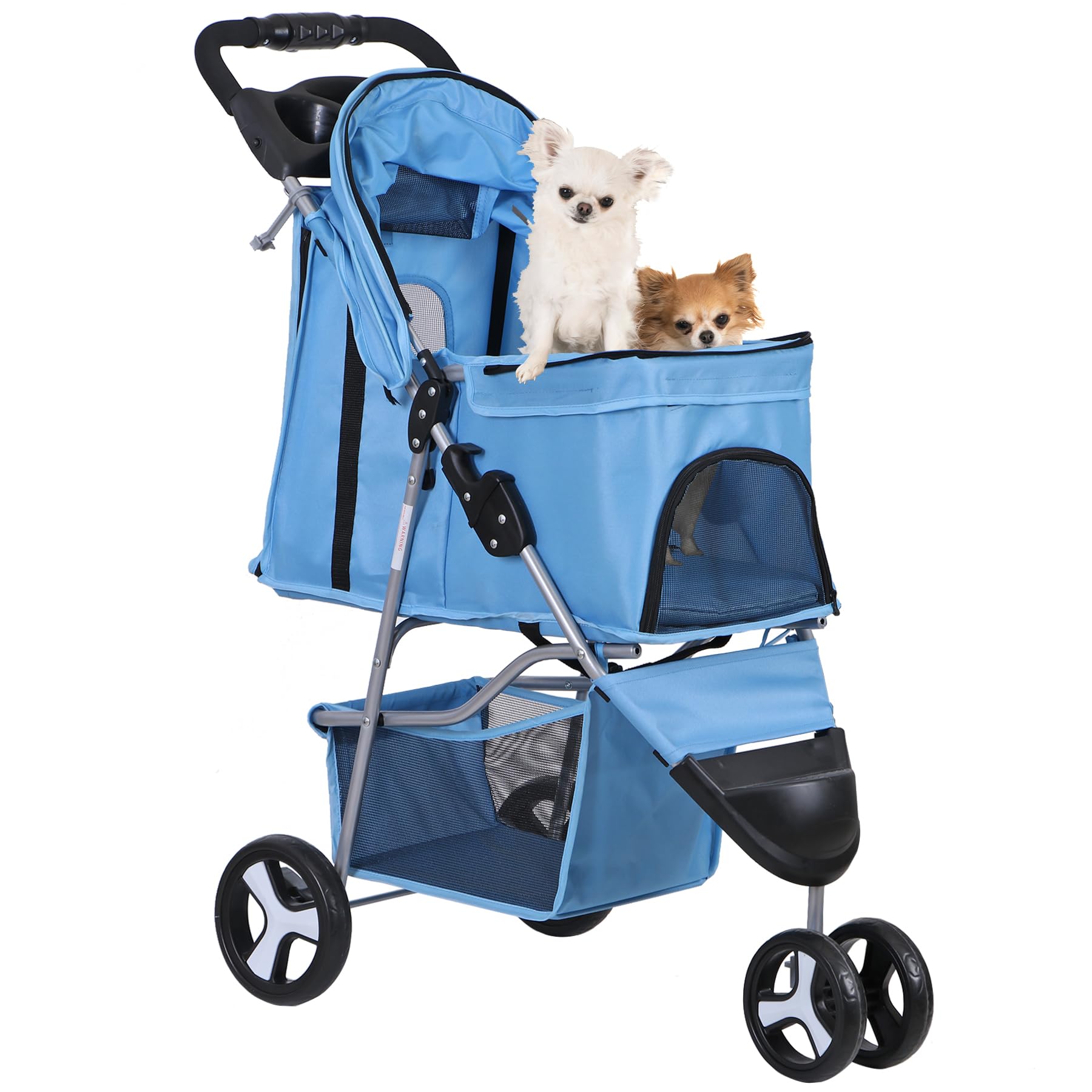 Foldable Pet Stroller for Cats and Dogs 3 Wheels Carrier Strolling Cart with Weather Cover, Storage Basket + Cup Holder (Blue)