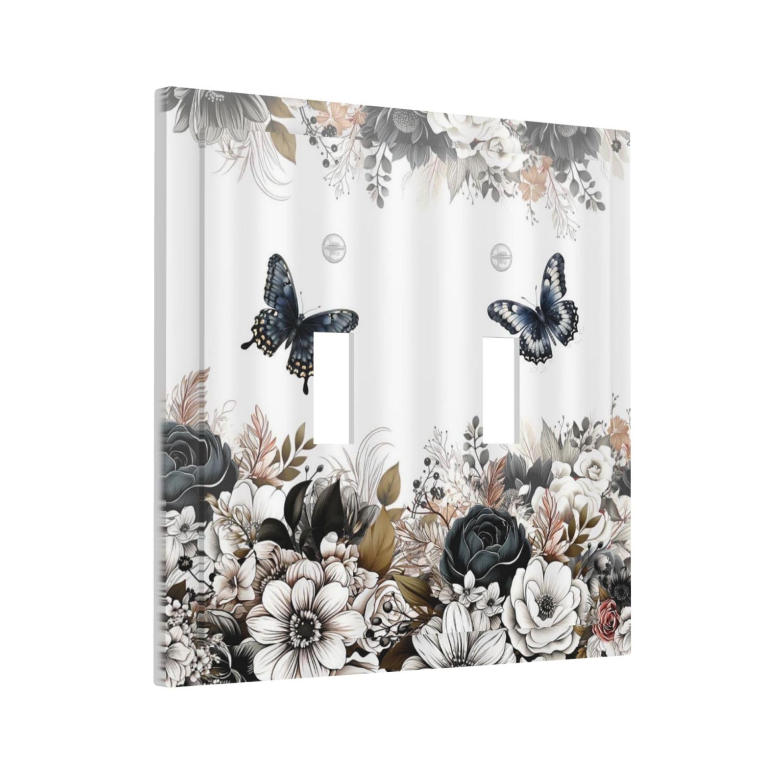 Xuejiaku Decorative Switch Plate Covers Rustic Black White Floral Boho Dark Butterfly Unique 2 Gang Wall Plate Double Toggle Light Switch Cover Plate
