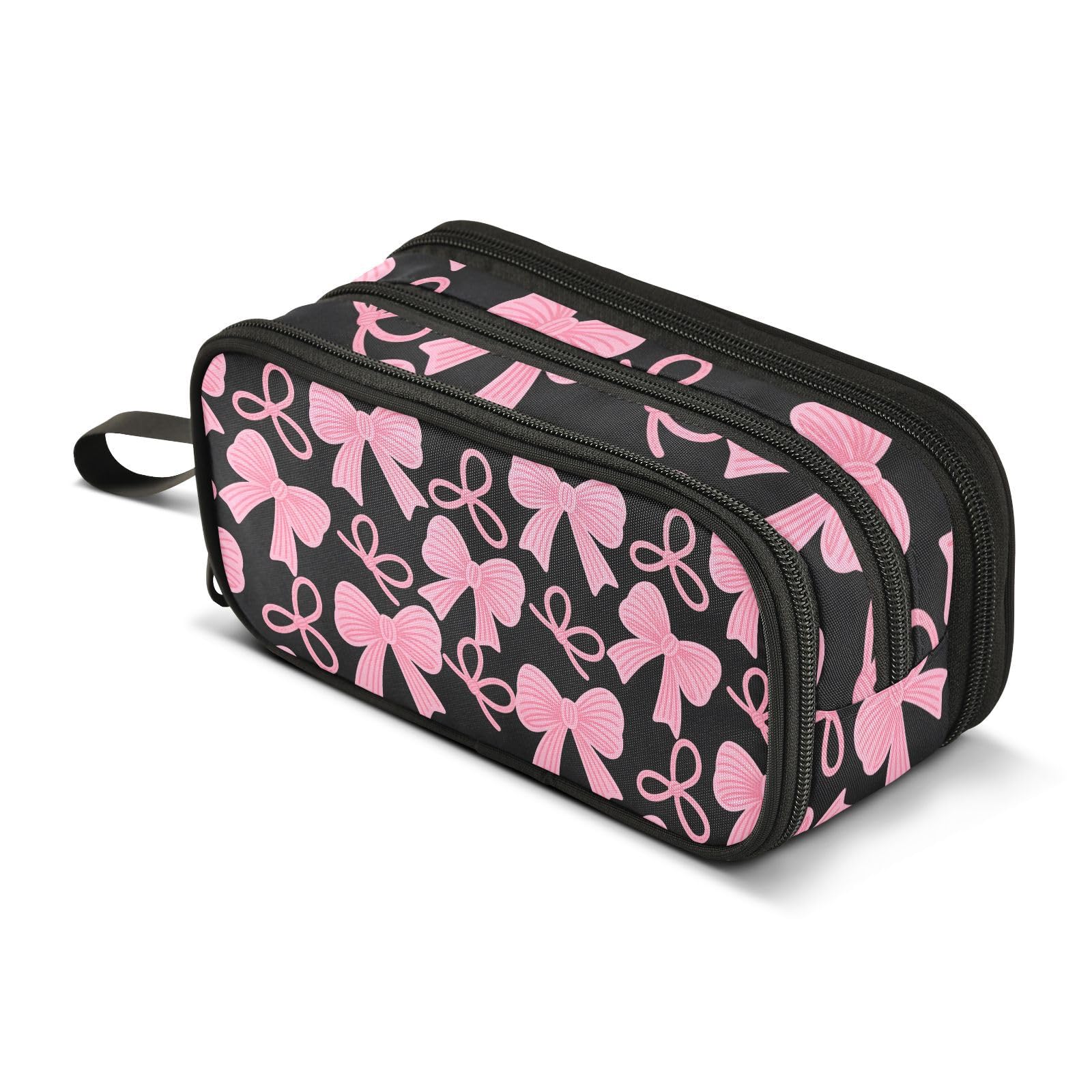 Mnsruu Pink Bow Black Pencil Case Large Capacity Pen Bag Girls Boys Pencil Pouch Stationery Organizer Holder Zipper Pen Case for School Office