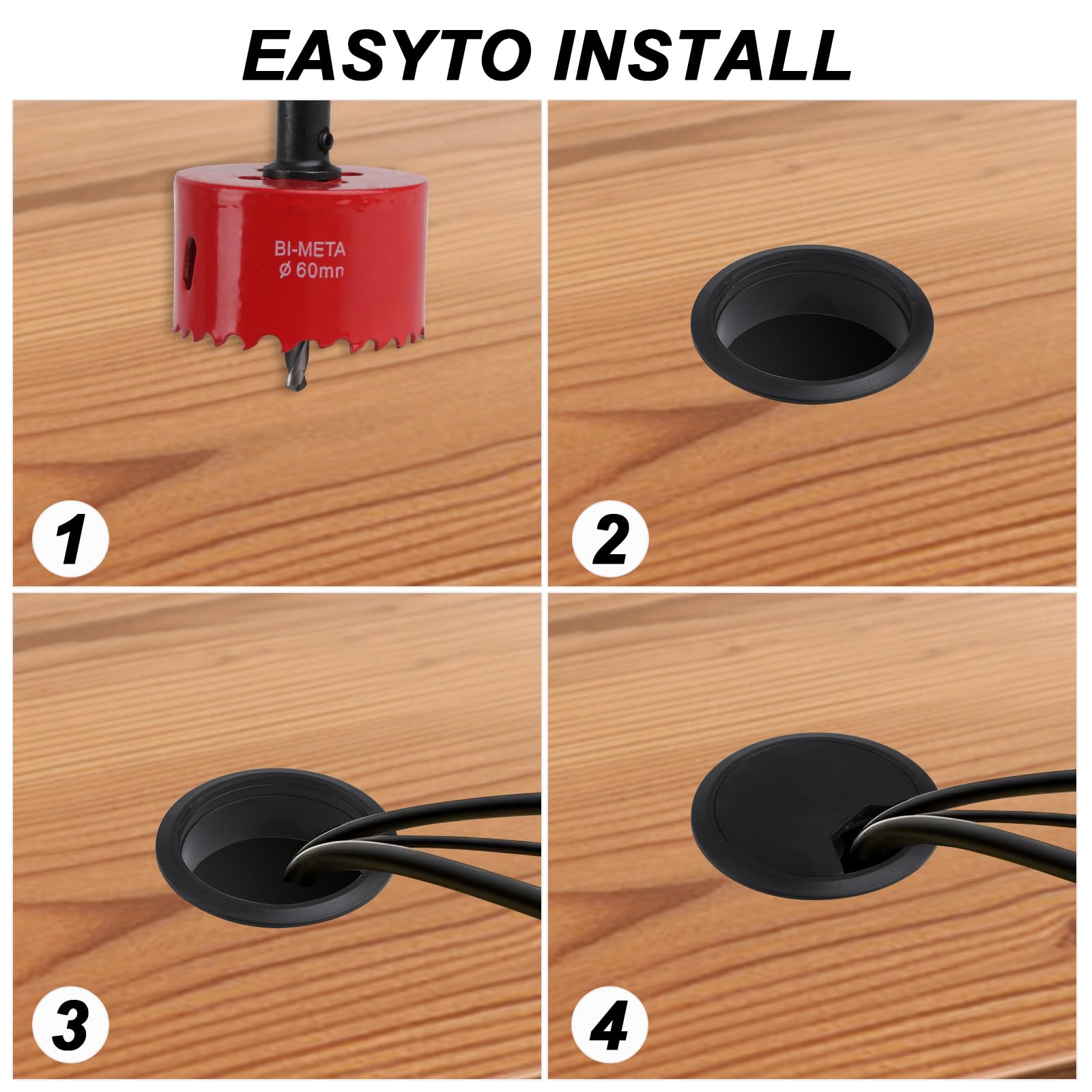 Wiertło do otwornic 60 mm i 6 szt. okrągłych otworów na biurko, czarne 60 mm osłony otworów na biurko, plastikowe przelotki na biurko, metalowe otwory HSS, plastikowy przewód biurkowy, osłona otworu