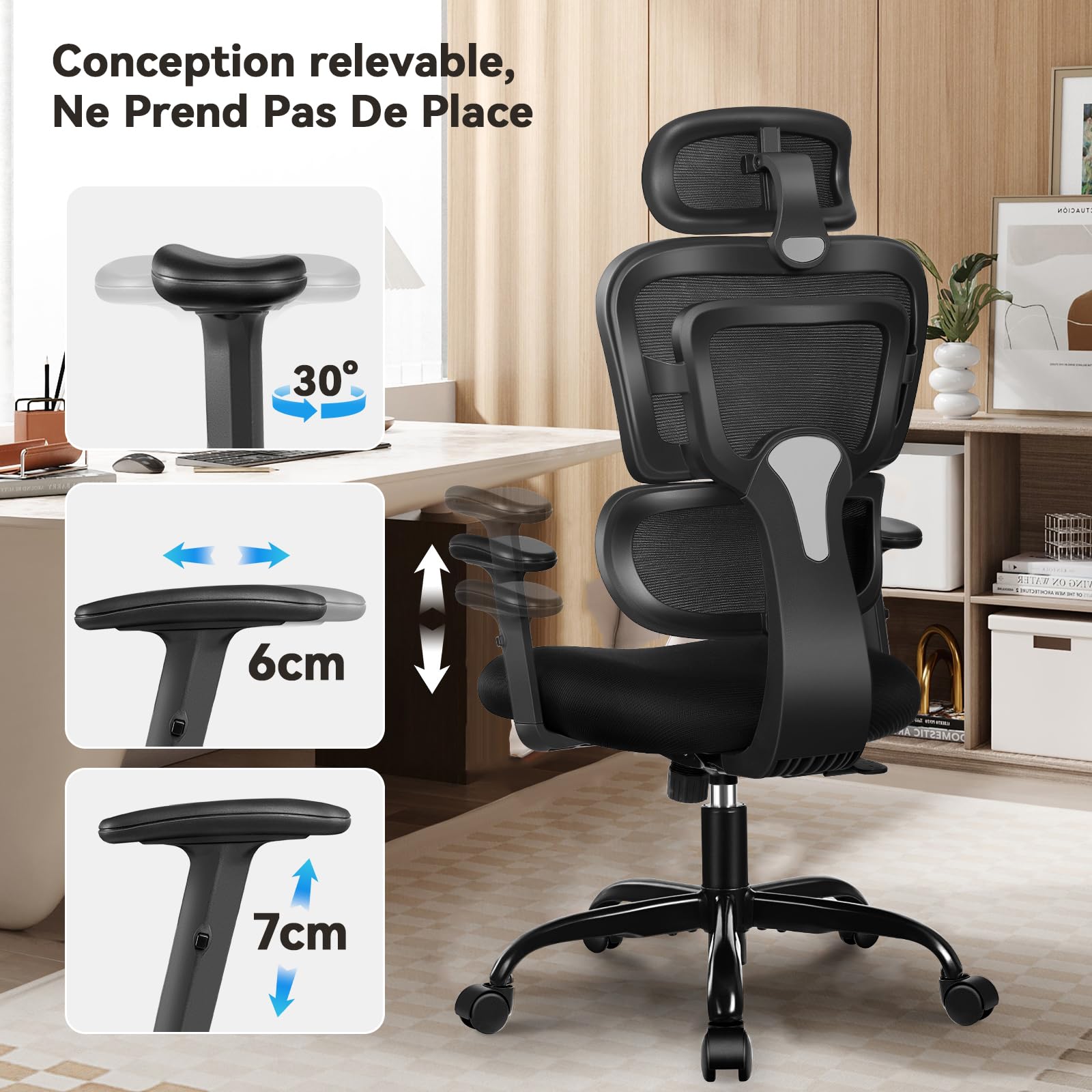 Chaise De Bureau Ergonomique, Chaise De Bureau Réglable à 4 Vitesses, Soutien Lombaire Réglable