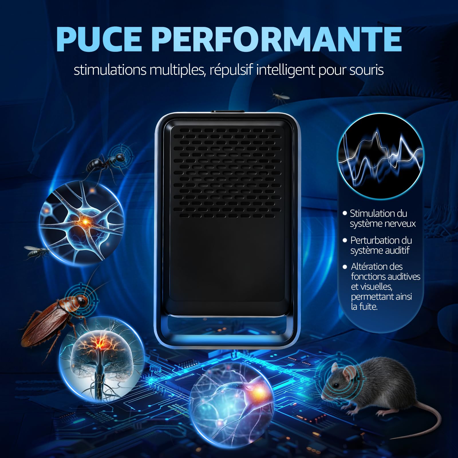 Ultrason Souris et Rats 4 Pack-Puissant Ultrasonique Contre Les Nuisibles-3 Modes Repulsif Souris-Anti Souris Rats Rongeurs Araignée Moustiques Cafards & Pects(Noir)