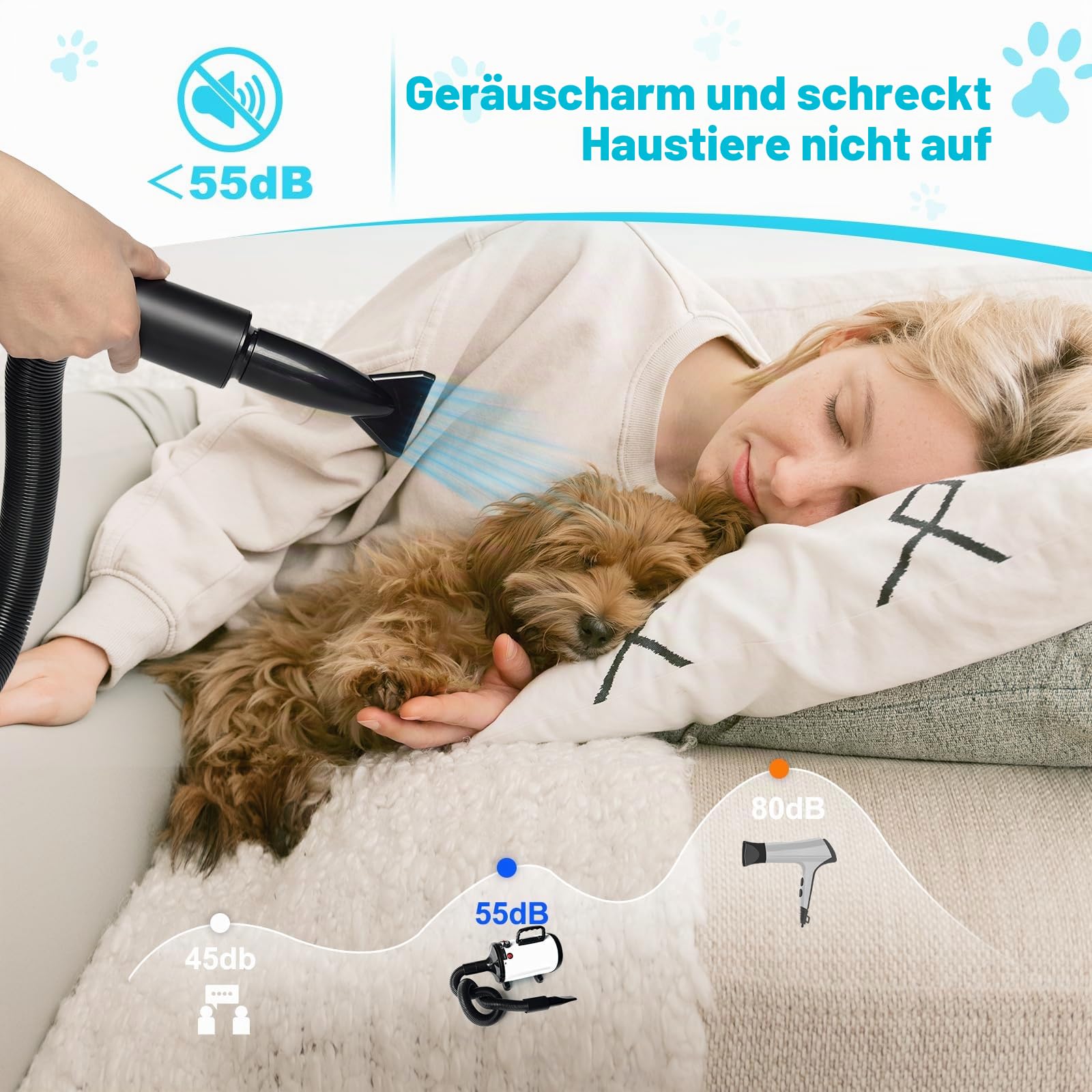 Hundefön Hundetrockner, 2800W Profi Blower hundefön, Einstellbare Geschwindigkeit und Wärme, Pet Dryer Haustier Haartrockner Hundepflege -Trockner-Gebläse mit 4 Verschiedenen Düsen (Weiß)