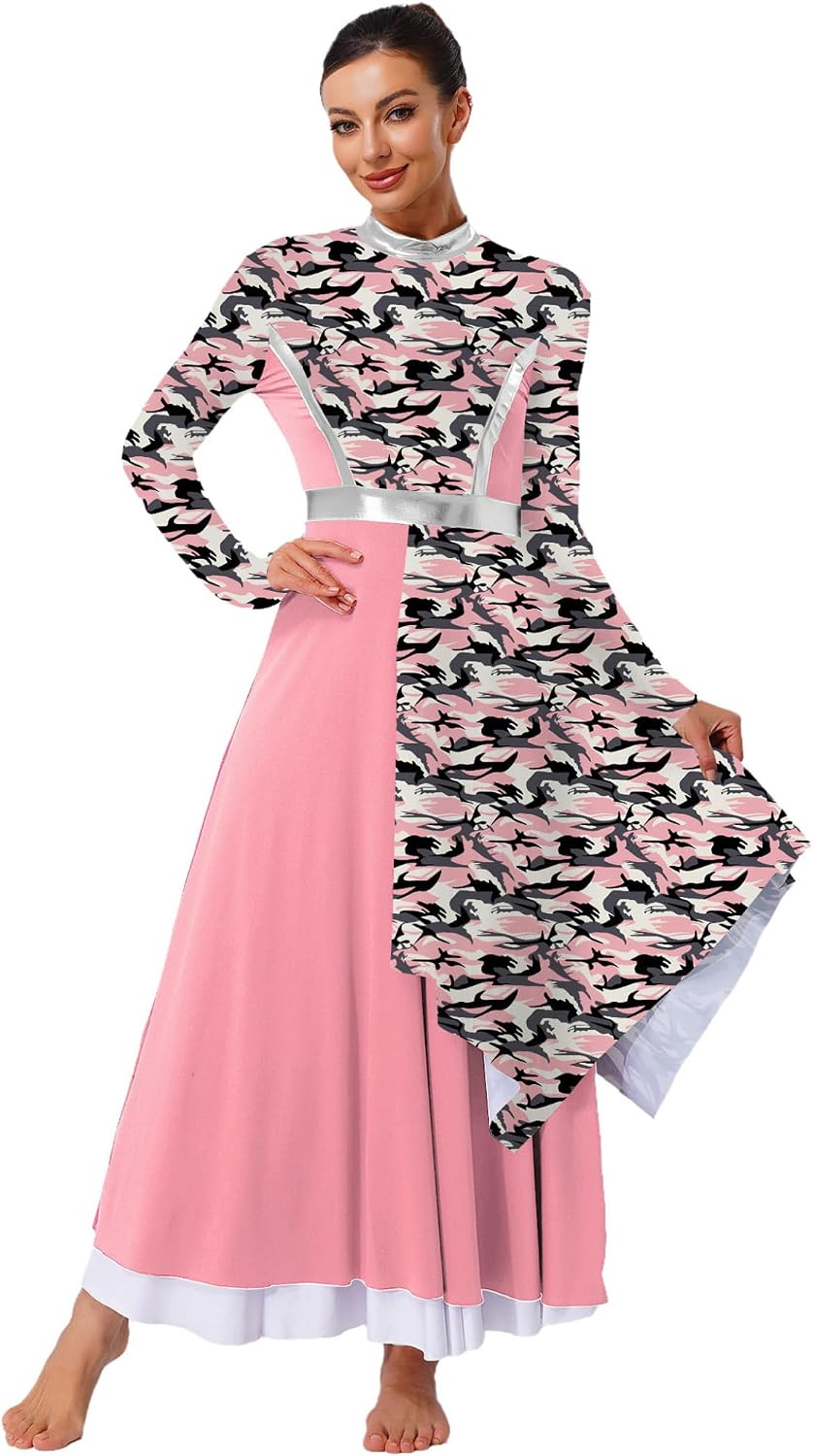 Vxuxlje Womens Liturgical Praise Dance Dress Color Block Overlay Long Sleeve Dress Worship Dancewear