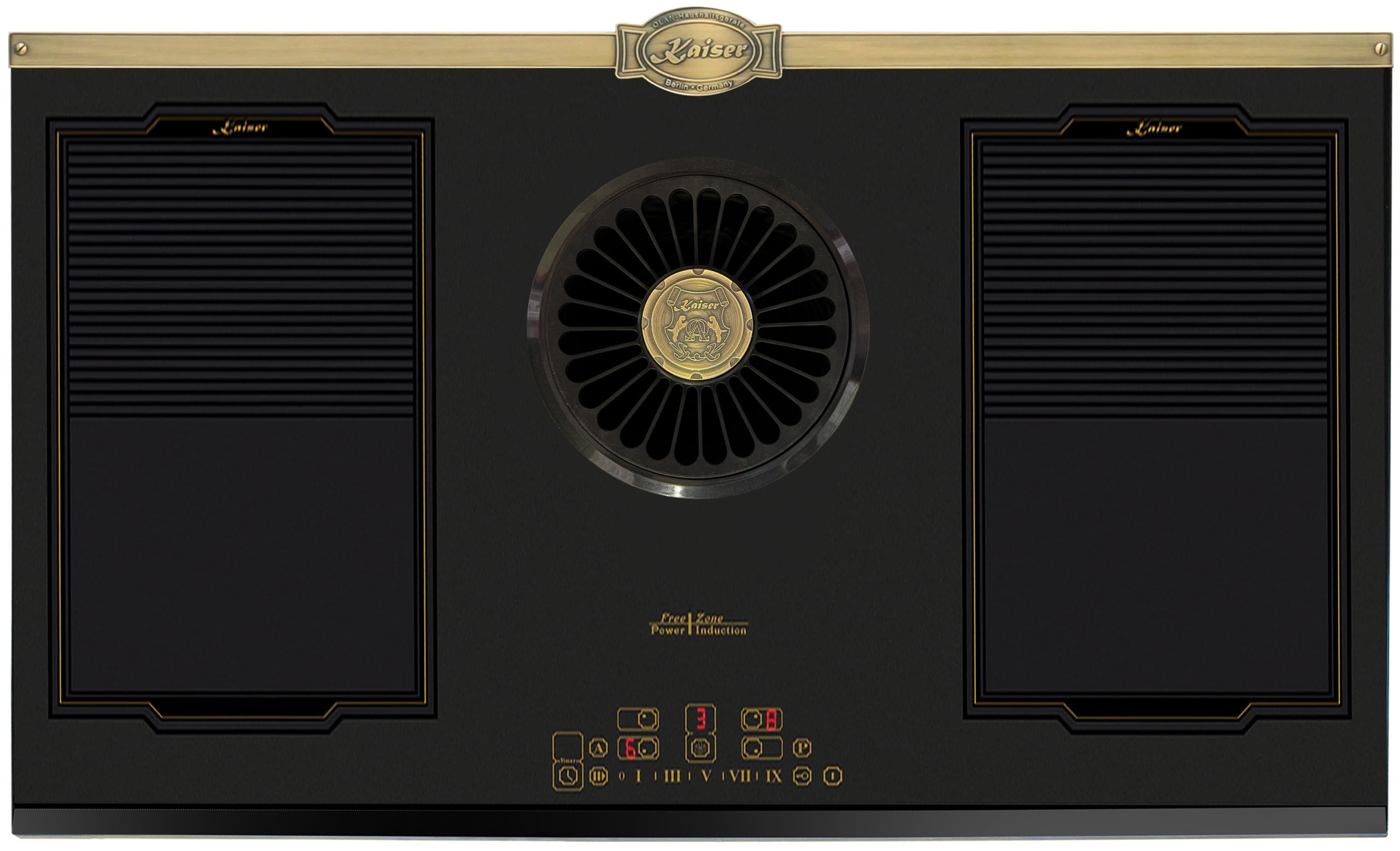Kaiser Płyta indukcyjna 90 cm KCT 9362 IEm z wbudowanym okapem, płyta kuchenna do zabudowy, 4 strefy indukcyjne, 2 strefy Flex FREE ZONE AUTO-SYNC 1250 m³/h Slider Touch Empire Bronze
