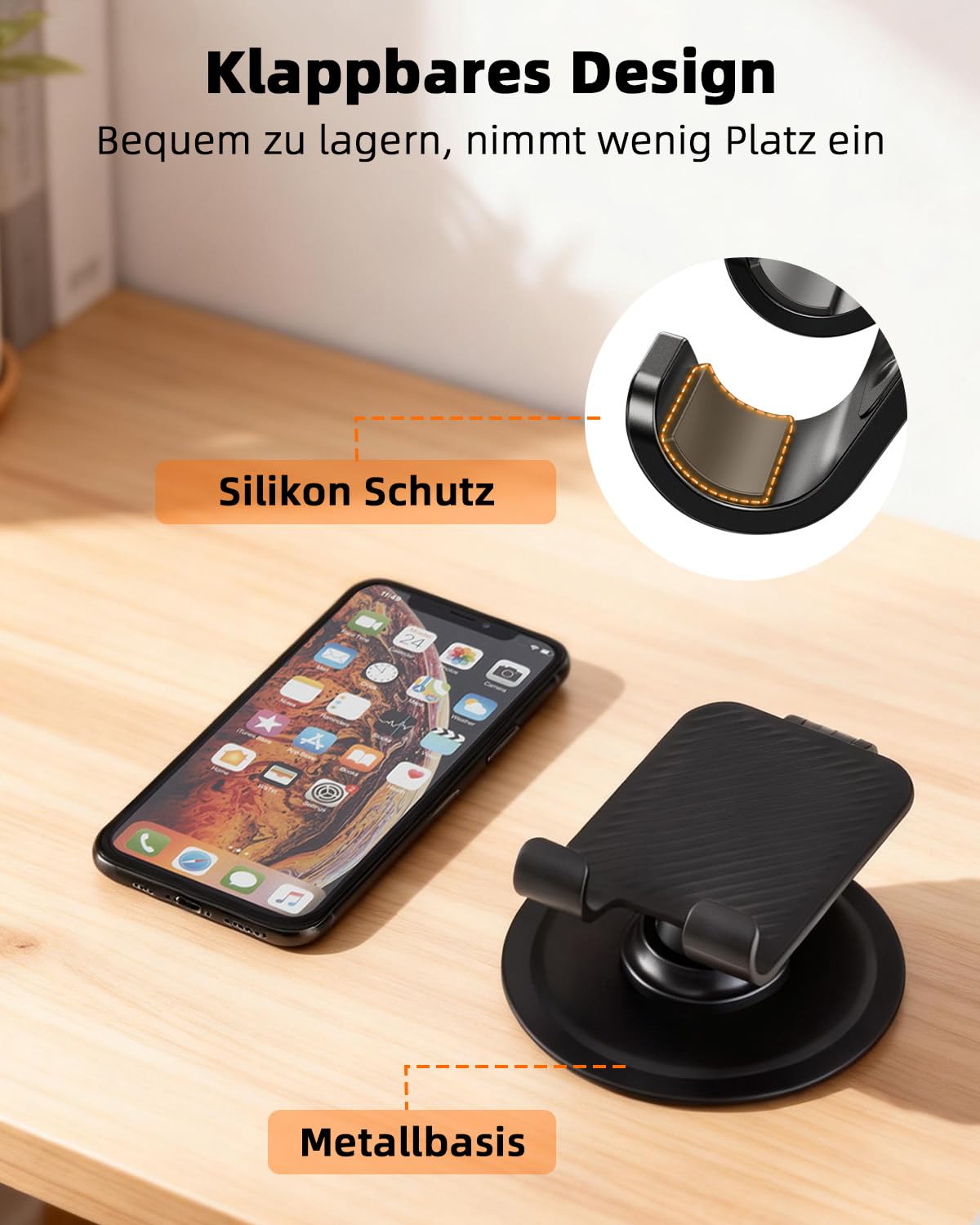 Handyhalterung Tisch，360° Drehbarer Klappbarer Handy Ständer Kompatibel mit iPhone 17/16/15/14/13/12/11 Pro, XR, XS, X, Samsung, Xiaomi