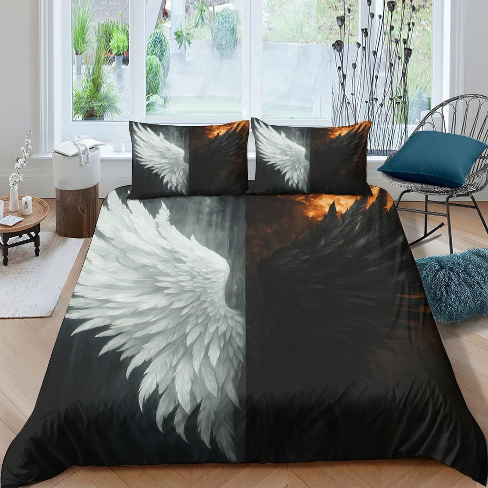 Ctjqhvkz Style-10 3D Printed Angel Wing Fitted Sheet Microfiber Soft Black White Fire Bed Cover For Bedroom Guest Room Mattress Decor Single（135X200cm）
