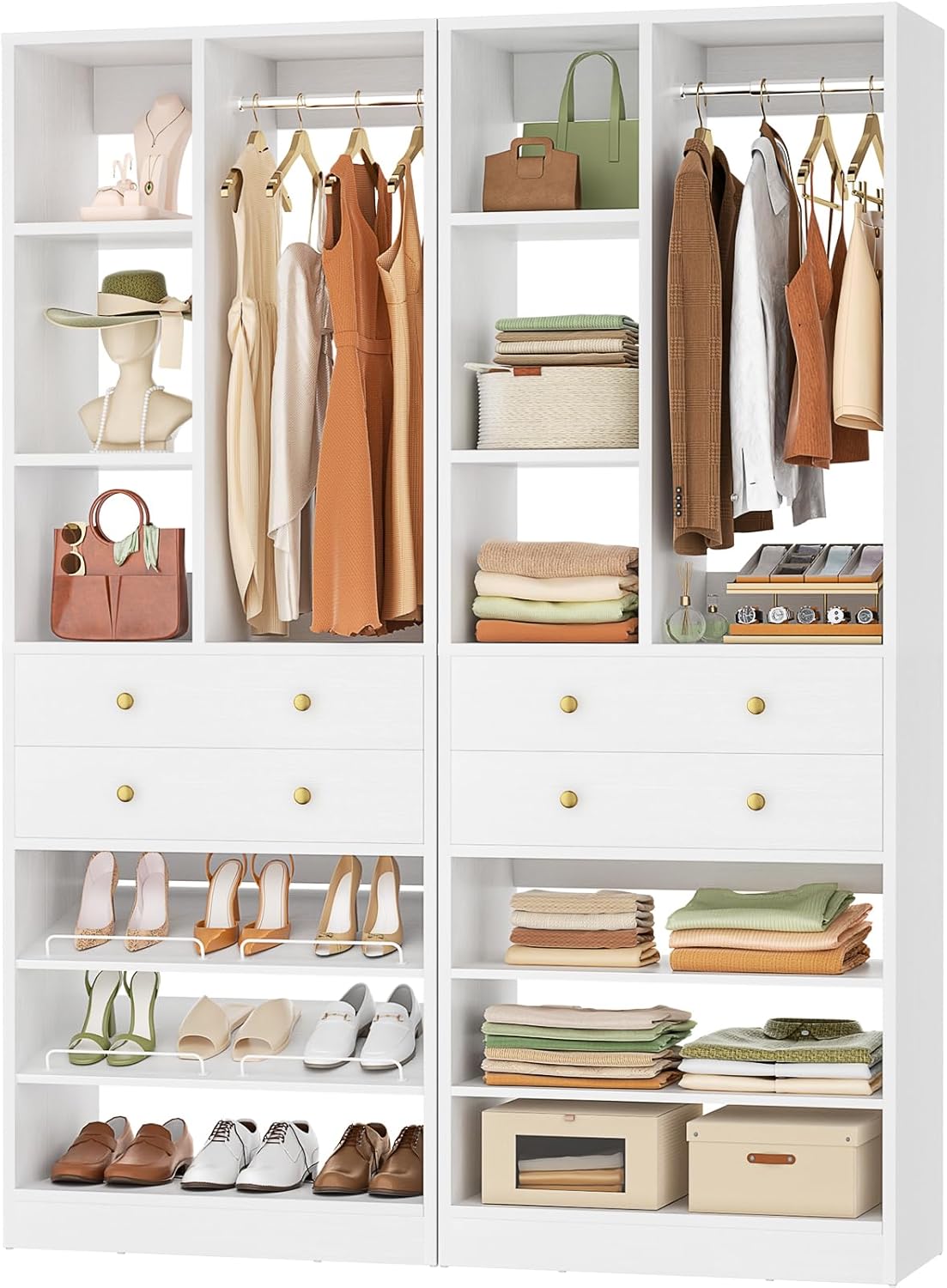 Closet System, 55.5″/4.6 FT Closet Organizer System with Drawers and Shelves, Walk-in Closets Systems for Small Closets, Free Standing Reach in Closet Tower, Load 1200+LBS, White