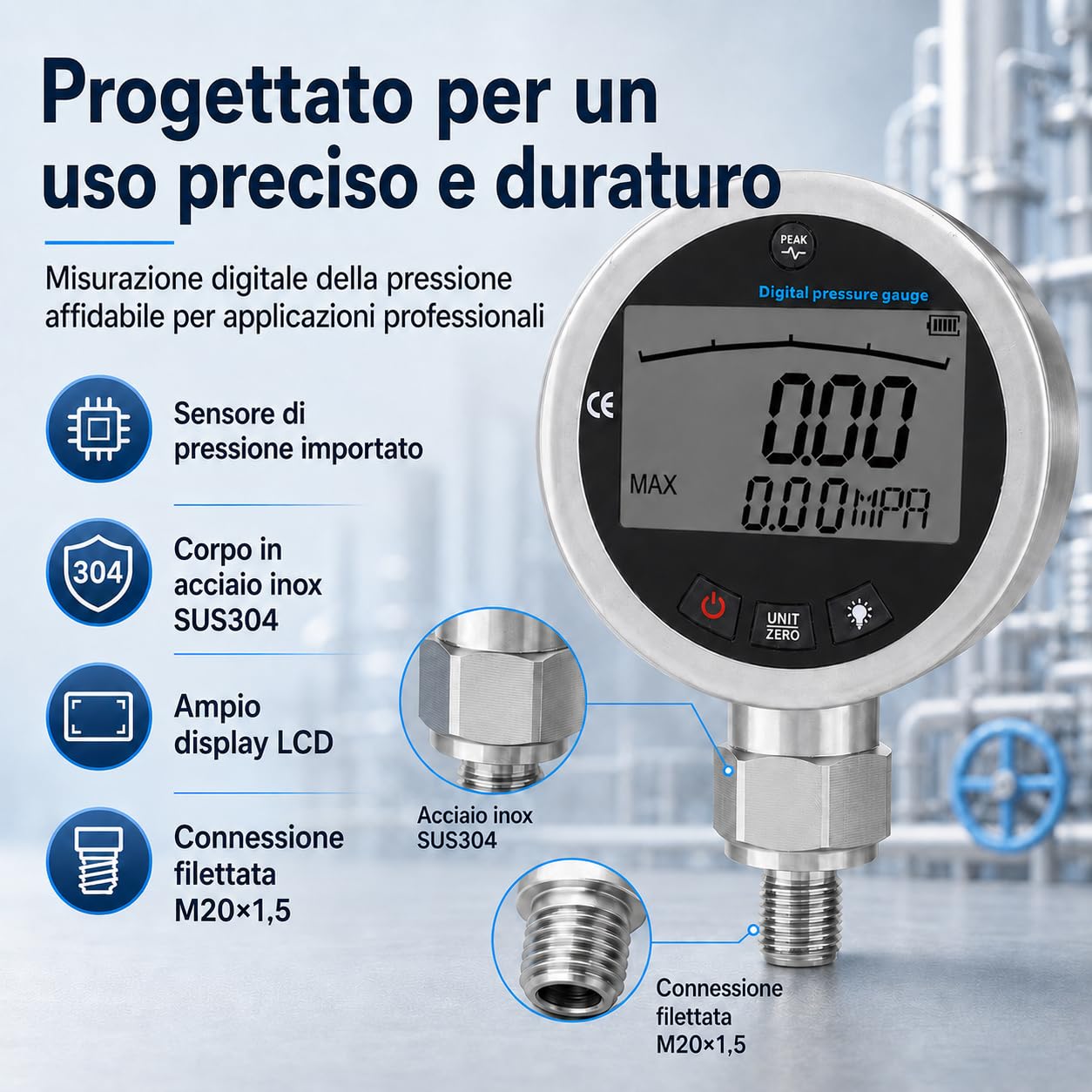 Manometro 0-400 bar, 0-40 Mpa 0-5800 psi Mini Digitale con connettore G1/4 per Aria, Acqua, Olio