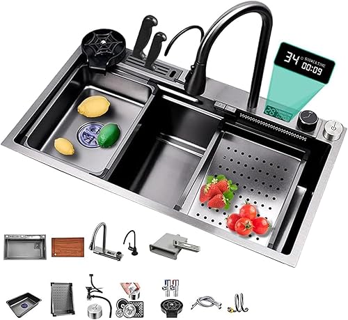 Miniatura 1 de Nano 304 Fregadero de cocina de acero inoxidable con diseño de cascada, pantalla digital, lavadora de tazas a presión, caja portacuchillos