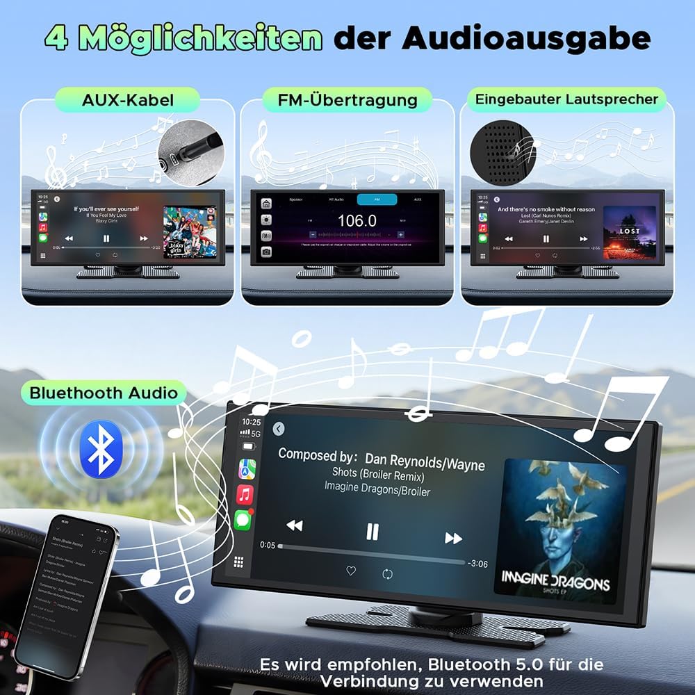 LAMTTO Wireless CarPlay Android Auto Display 10,25 Pollici Schermo per Auto Car Play con Dashcam Anteriore Posteriore 2,5K+1080P con Assistente Vocale Navigazione Bluetooth FM AUX Scheda TF 64GB
