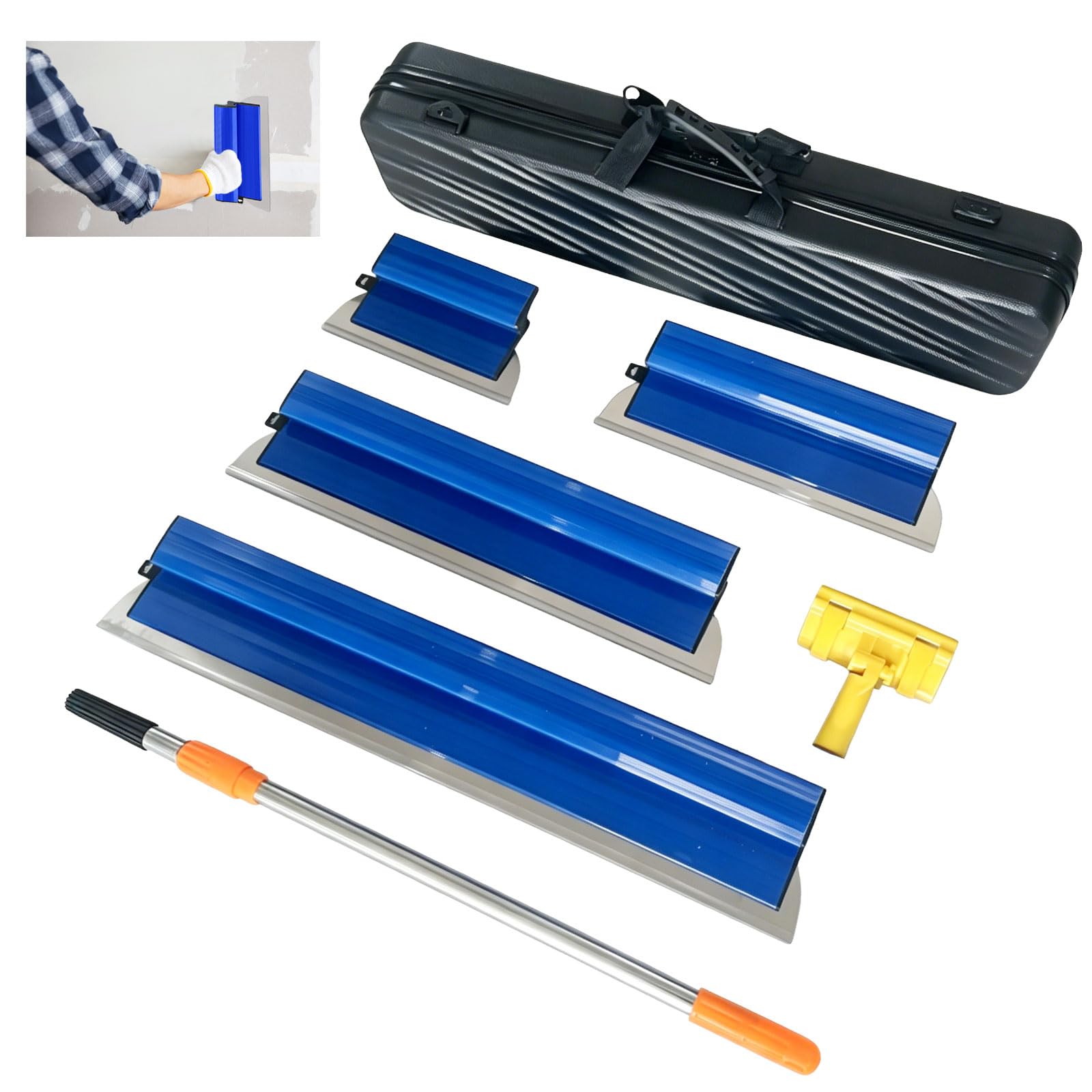 Drywall Skimming Blade Set with Transport Case, 25+40+60+80cm Stainless Steel Blades + Aluminum Extension Pole + Adjustable Angle Holder, Surface Spatula Set for Smoothing Finishing