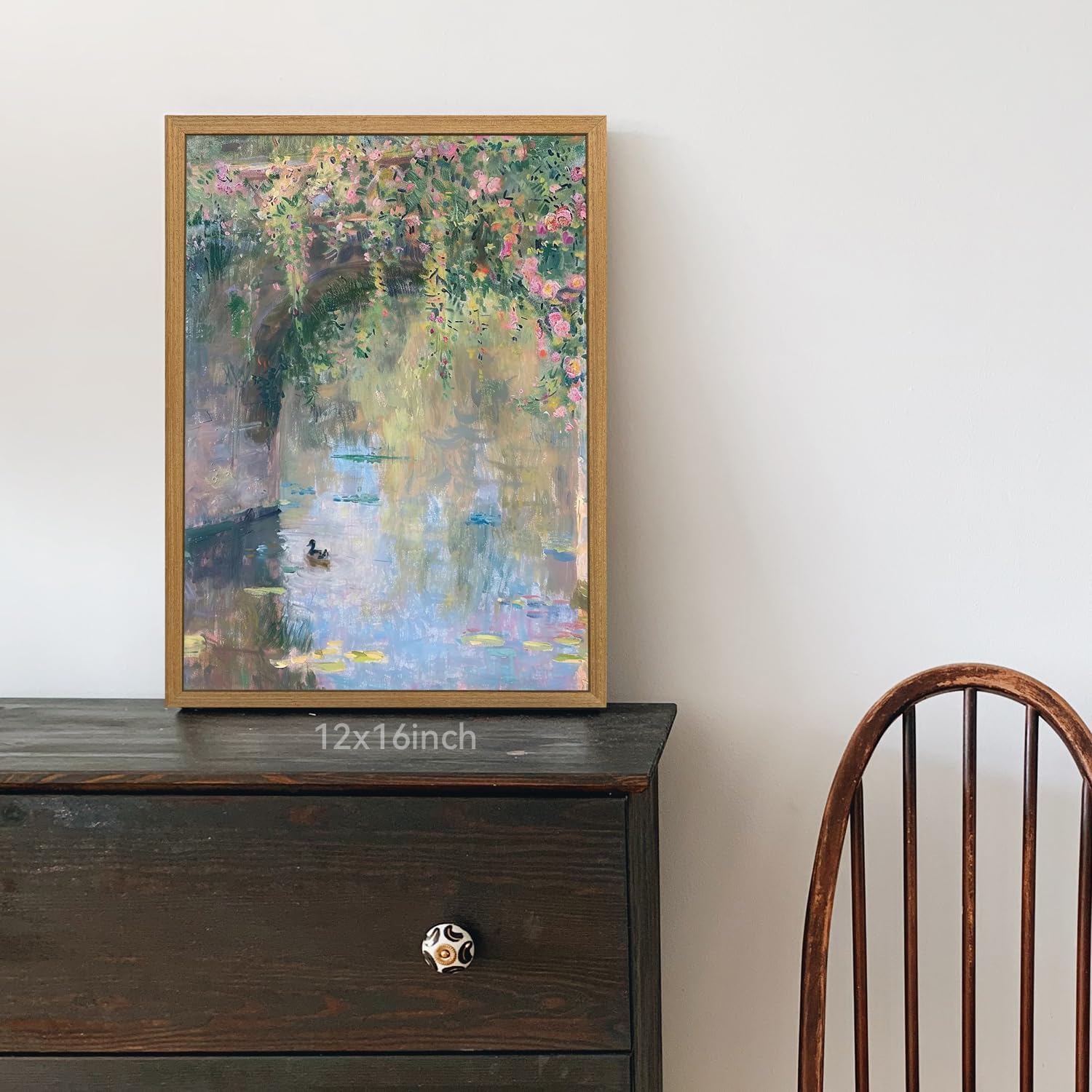 CAZLOUC Vintage Monet Water Lilies Wall Art, Rustic Still Life Canvas Painting, Impressionist Pond Duck Bathroom Decor, Botanical Floral Landscape Poster Print for Bedroom Wood Framed 16x24 Inch