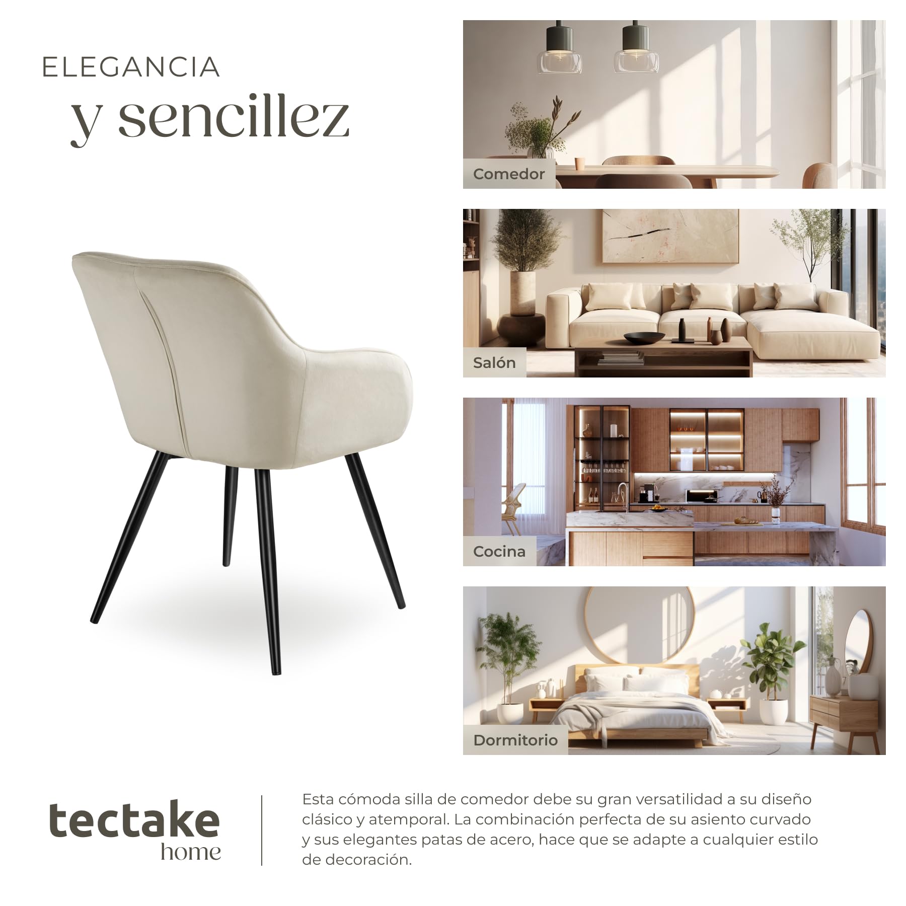 tectake® Silla Tapizada en Terciopelo, Sillas de Comedor Ergonómicas y Versátiles, Gran Estabilidad y Capacidad de Carga, Sillas Cocina Elegante - 1 Silla Crema/Negro