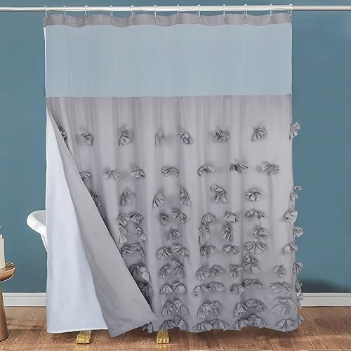 Bedream Shabby Chic - Cortina de ducha con lazos y forro impermeable a presión moderna cortina de baño de granja con ventana superior transparente