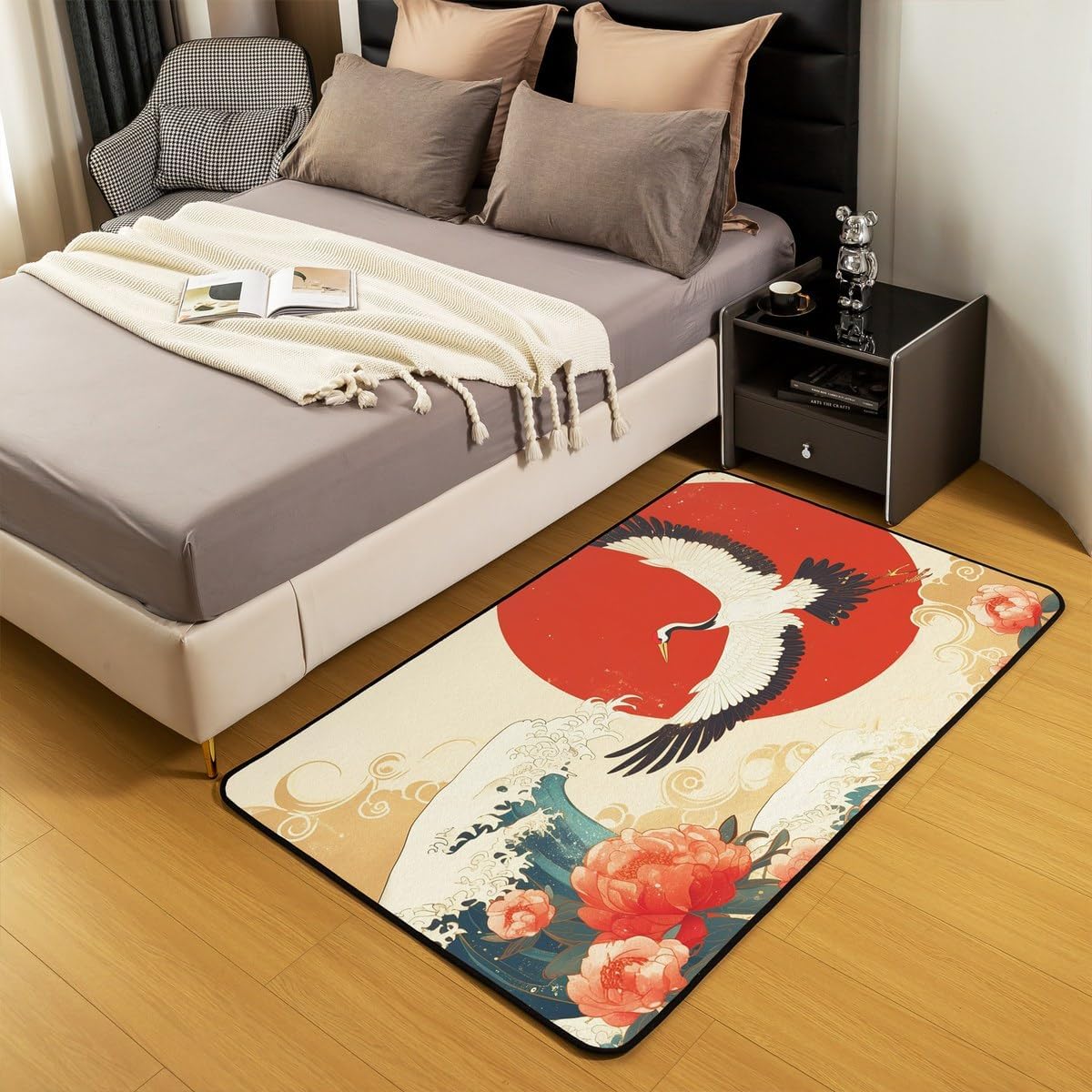 Erosebridal Japanese Crane Living Room Rugs 3x5,Oriental Asian Style Retro Flower Area Rug for Girls Women Room Decor,Ocean Wave Carpet Non Slip,Ukiyo-E Flowers Indoor Floor Mat Home Dorm Decor