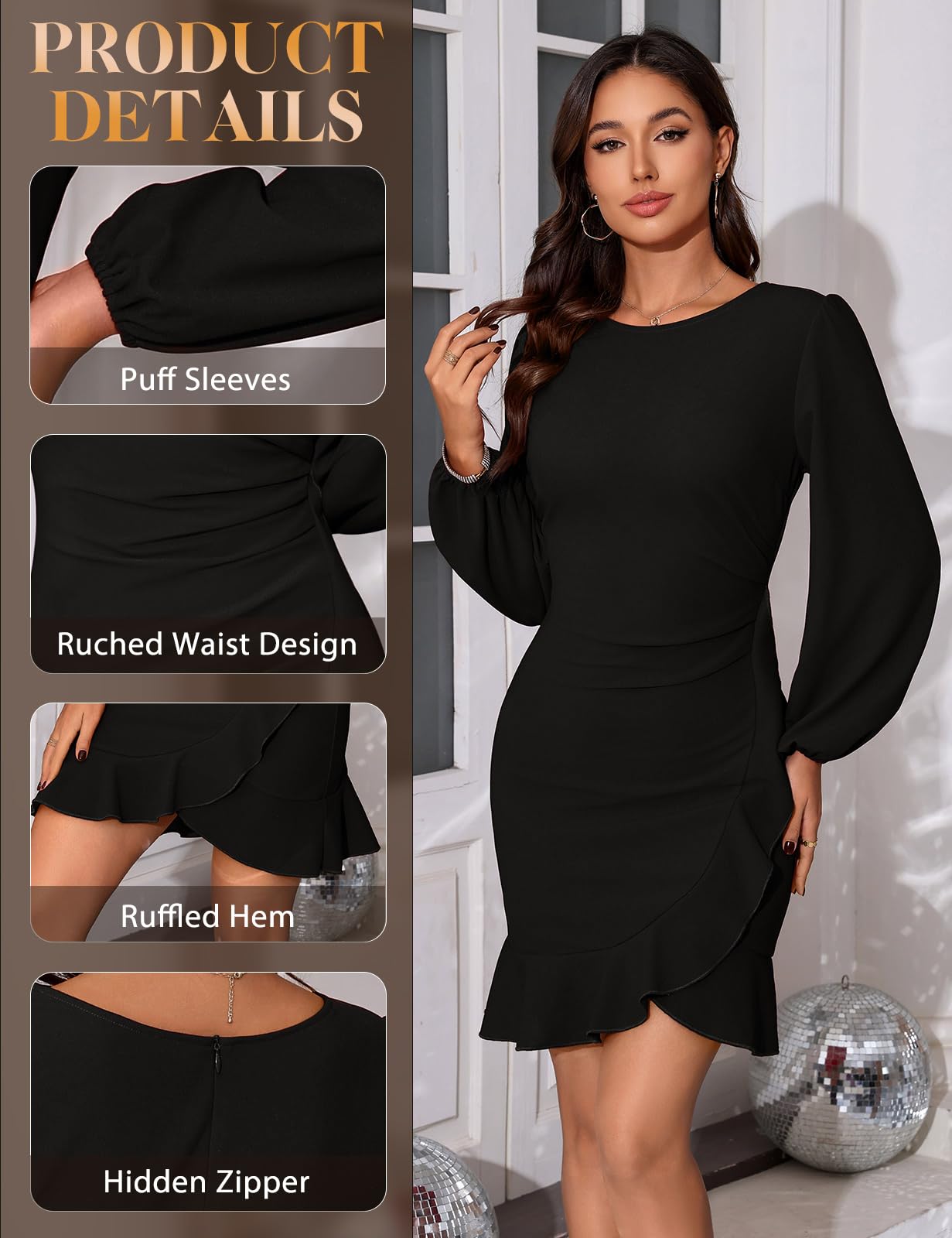 Damen Kleid Elegant Cocktailkleid Langarm Partykleid Bodycon Herbstrock Rüschen Puffärmel Kurz Kleider für Festlich Hochzeit