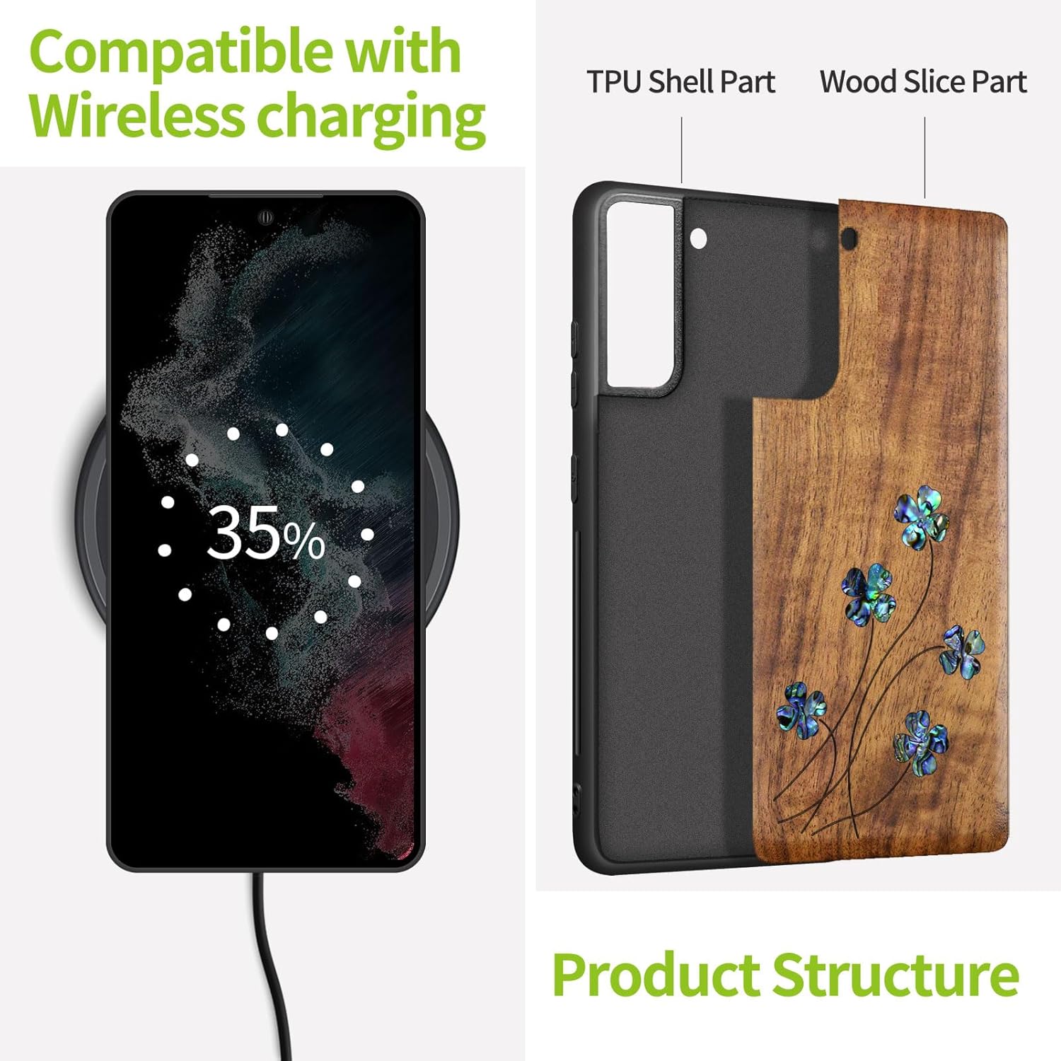 Carveit Designer Wooden Cover for Samsung Galaxy S22 Case [Wood Engraving & Shell Inlay] Compatible with Wireless Chargers Galaxy S22 (Four Leaf Clover-Walnut)