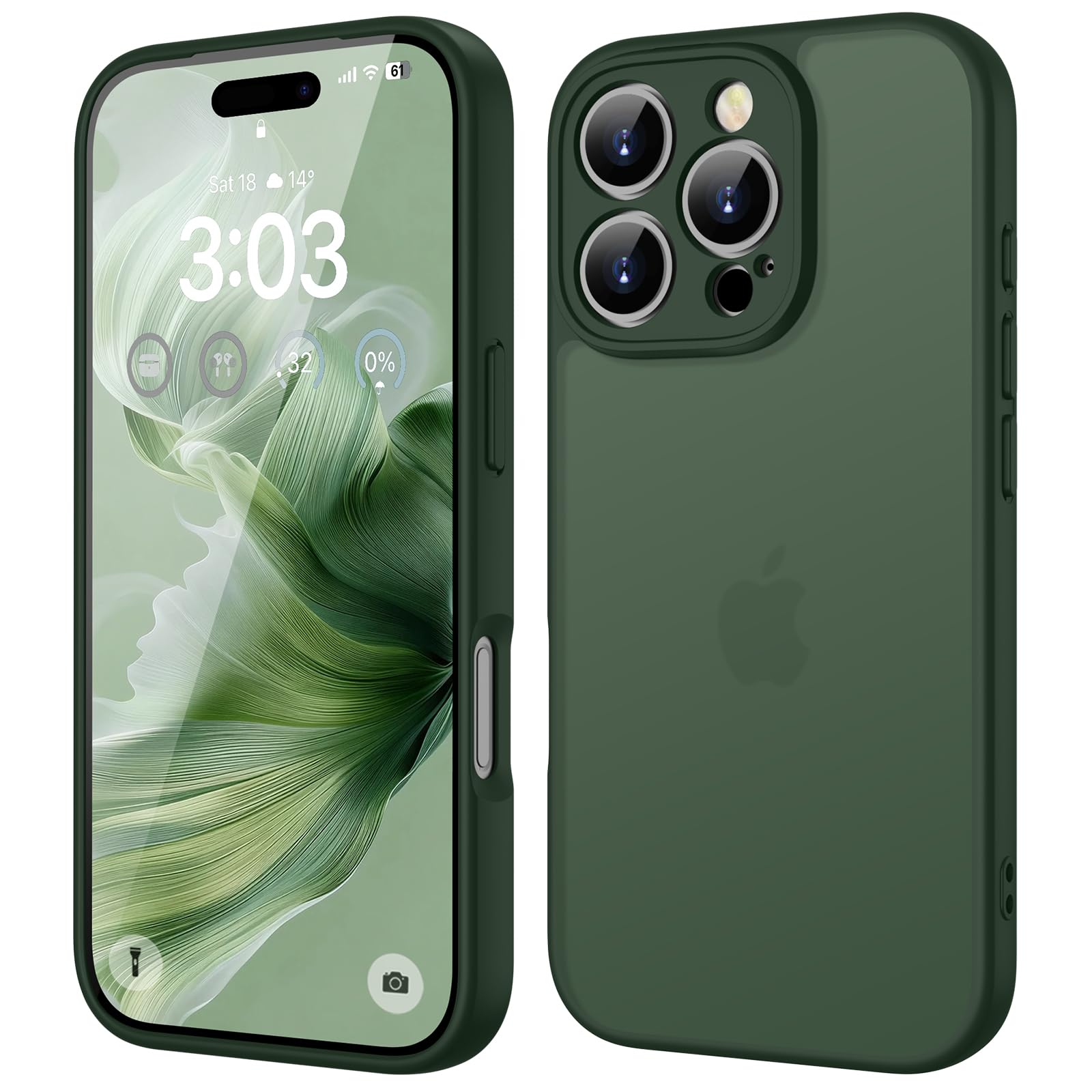 ORDA für iPhone 16 Pro Max Hülle, Vollständiger Kameraschutz Stoßfest, Grün | Matt Handyhülle, Kratzfest Transluzente Rückseite Schutzhülle, Anti-Fingerabdruck Case