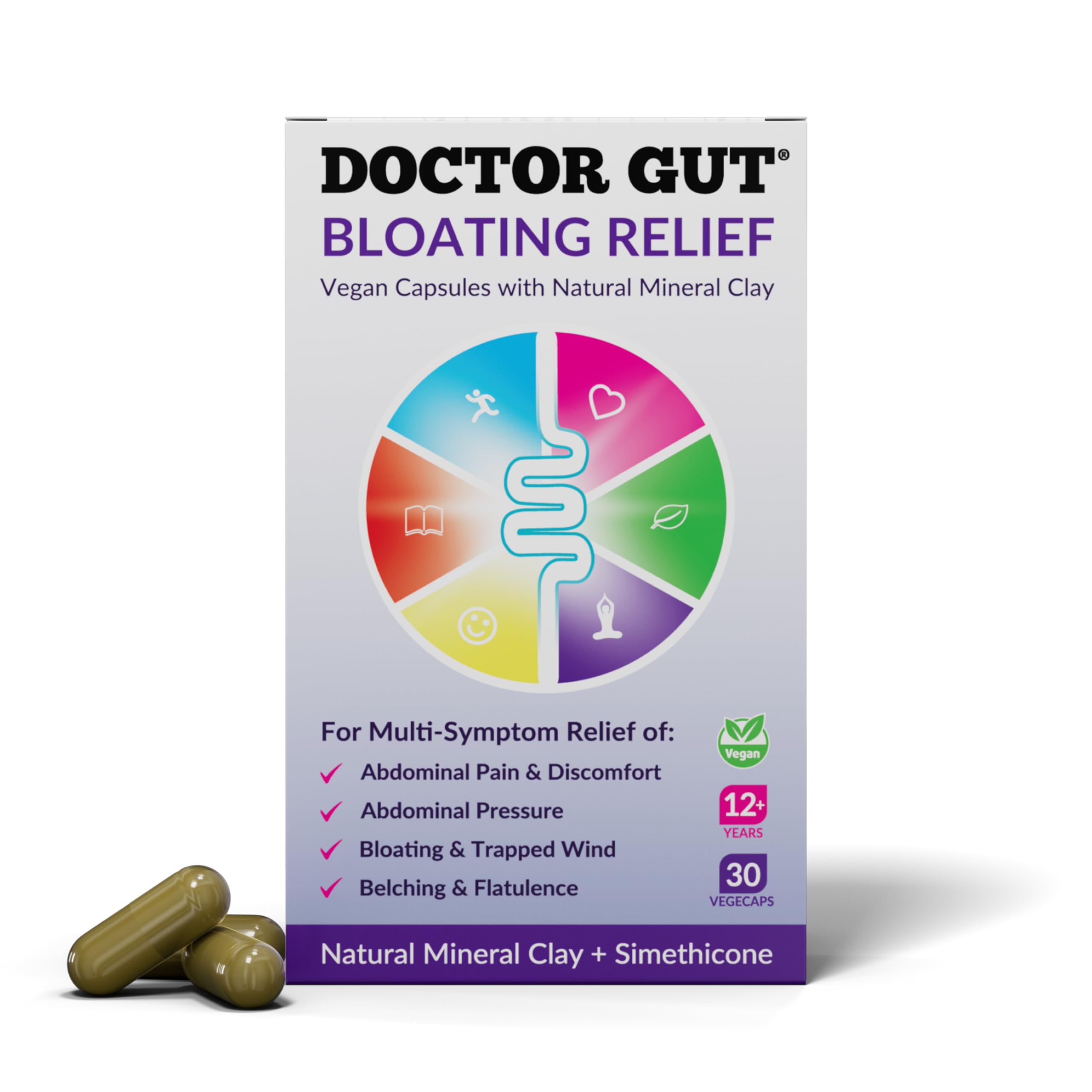 Doctor GutBloating Relief Capsules, 30 Caps - Stomach Pain Relief, Bloating Relief, Trapped Wind & Gas Relief - Drug-Free, Natural Clay, Expels Harmful Causes of Gas & Flatulence