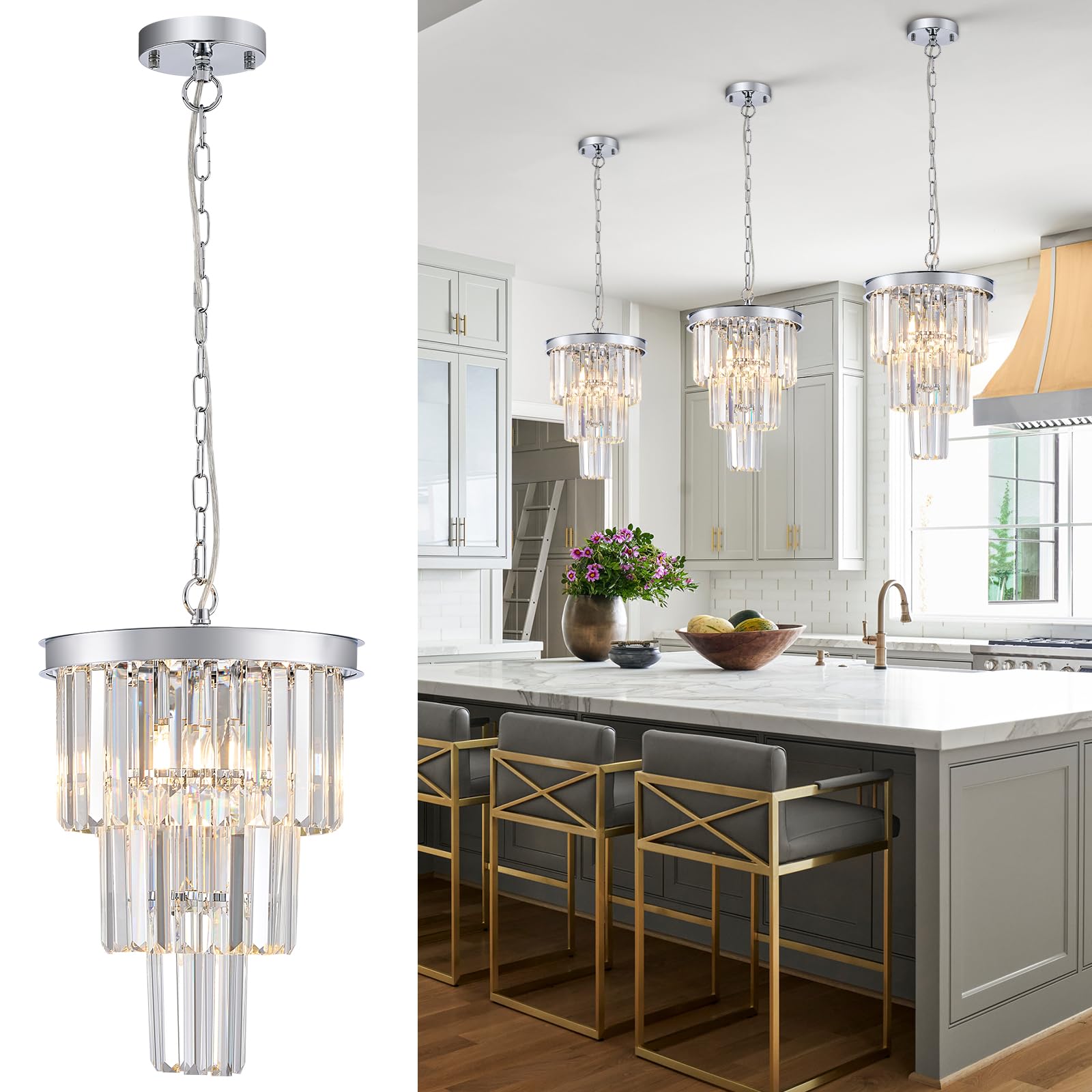Photo 1 of CATINER Modern Crystal Chandelier 12" Chrome 3-Light