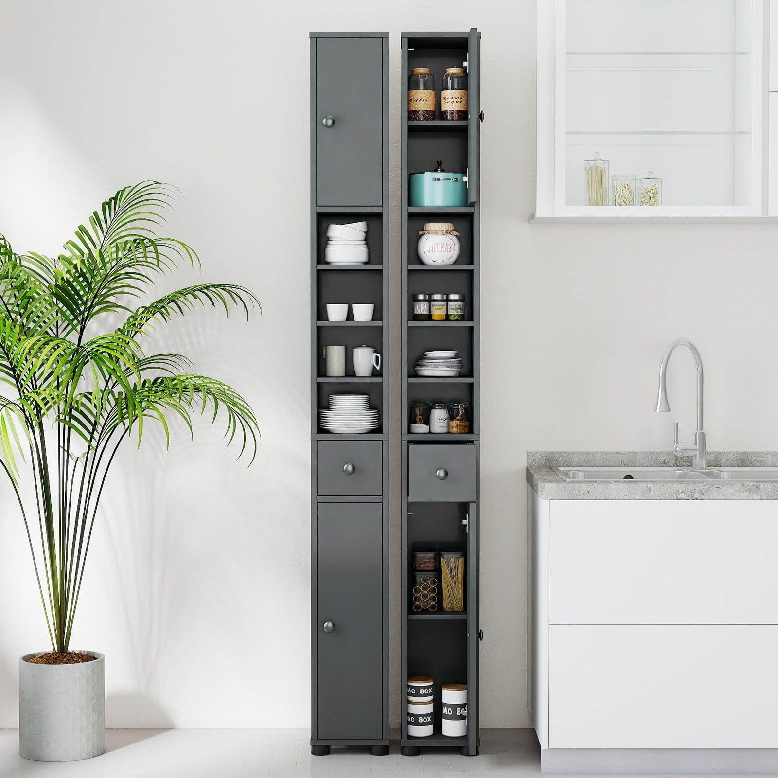 COSTWAY Mobile Bagno Alto Stretto, Mobiletto Colonna Salvaspazio con 1 Cassetto, 5 Ripiani Regolabili e Struttura Antiscivolo, Mobile a Terra per Ingresso, 20 x 20 x 180 cm (4 Ripiani, Grigio)