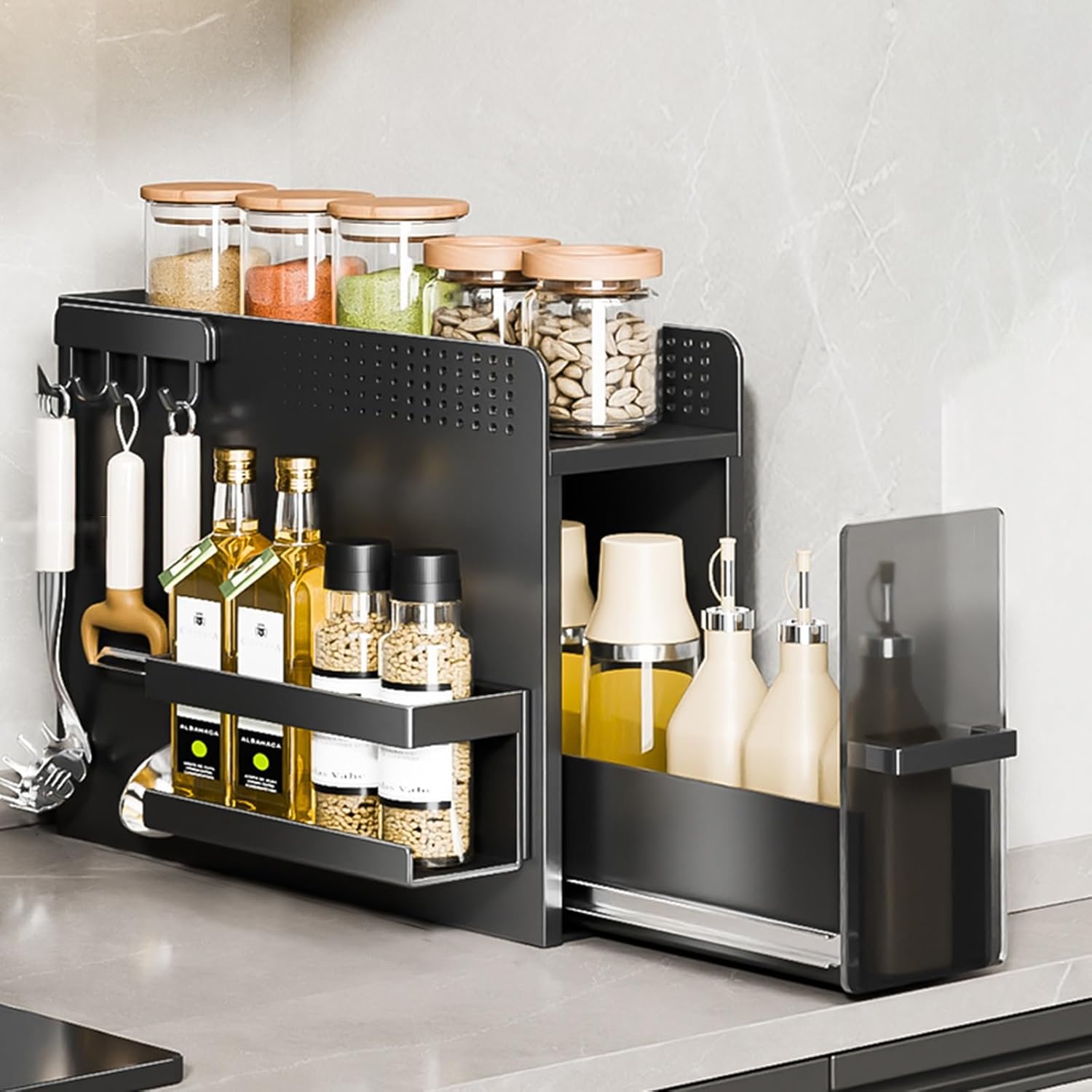 2 Tier Carbon Steel Spice Rack, Pull Out Spice Seasoning Kitchen, Strong Suction Cups, Narrow Side Organizer for Spice Seasoning(Style 3)