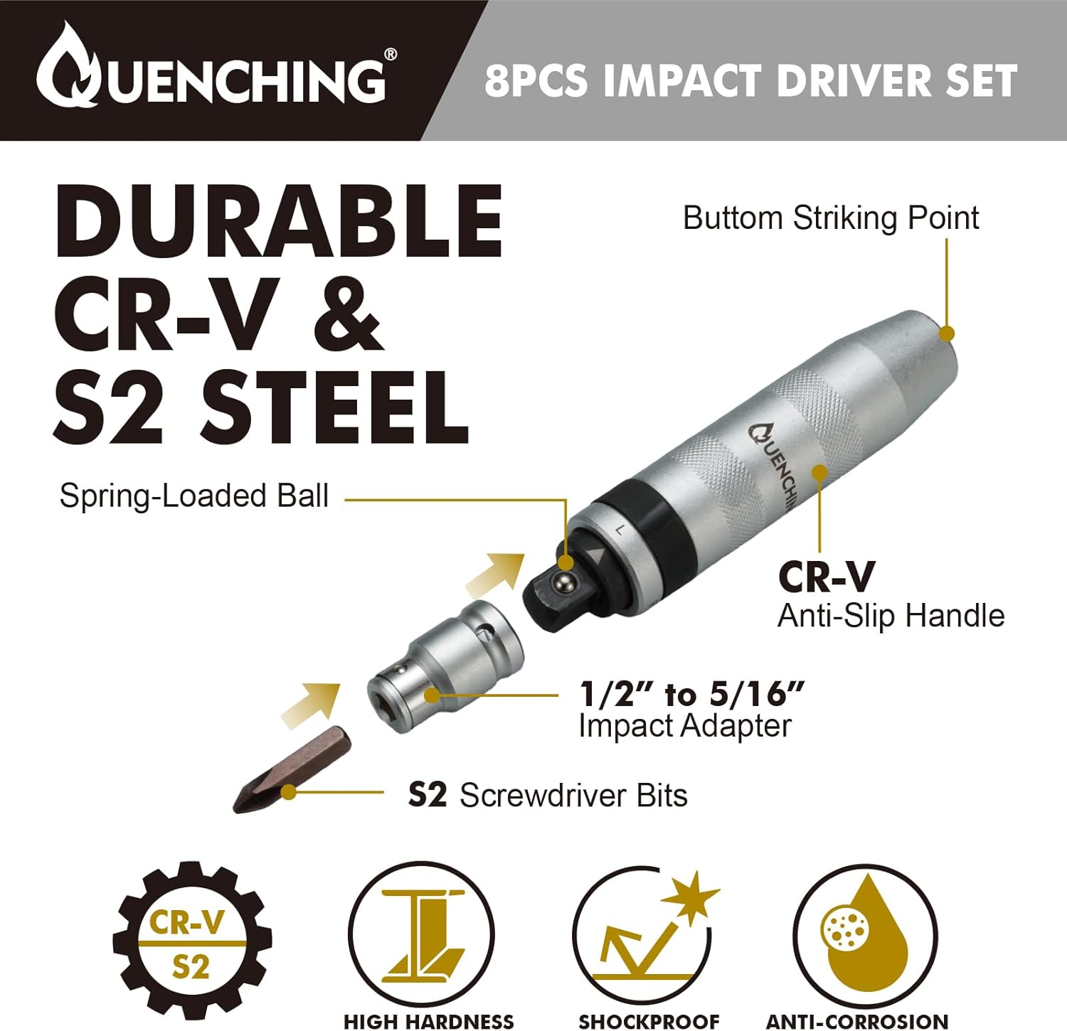 8-Pcs 1/2 Inch Drive Impact Driver Set, Compact Hand Manual Impact Screwdriver, CR-V & S2 Steel Bits for Home Repair and DIY