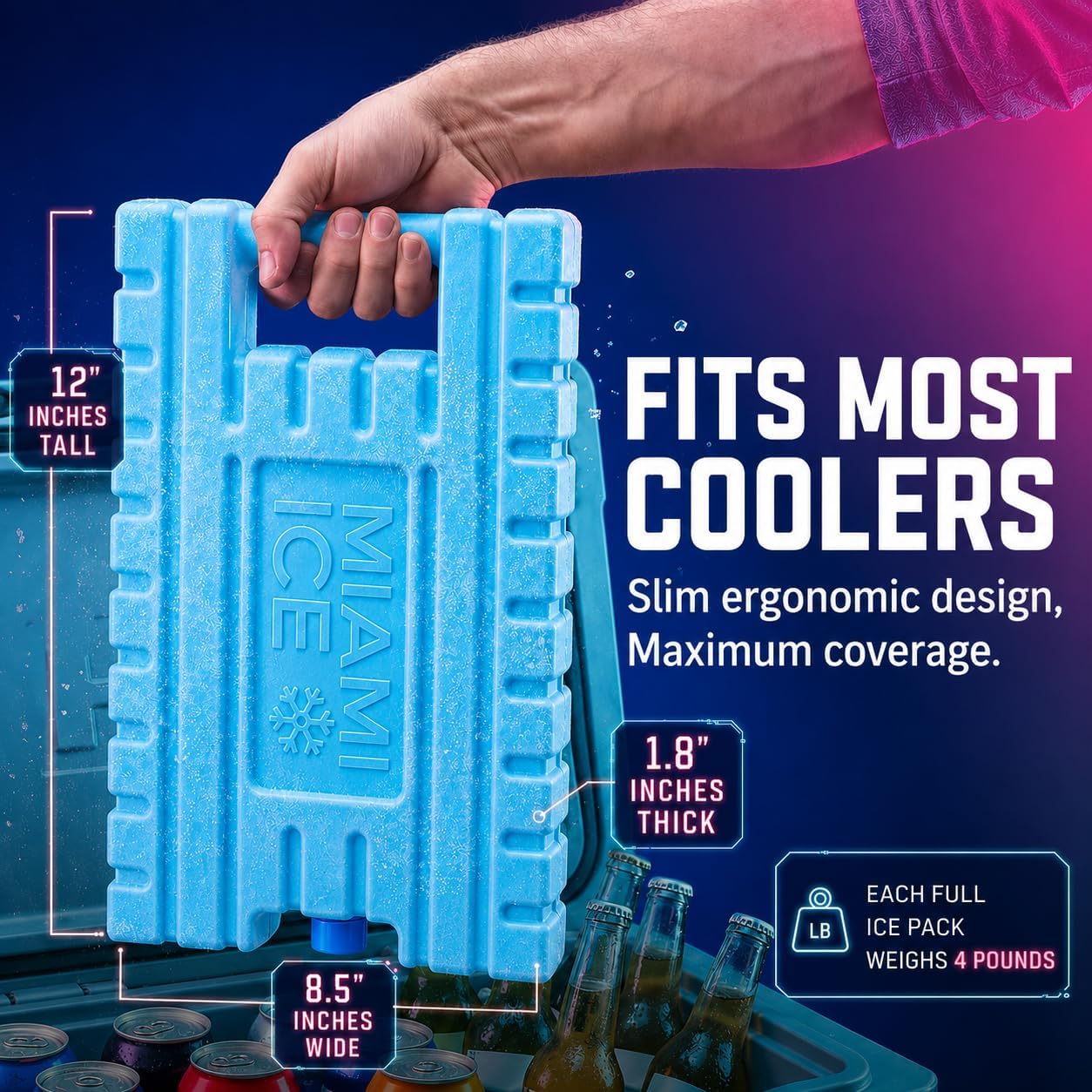 Miami Ice Reusable XL Cooler Ice Pack (12"x9") | Replaces 7 lbs of Ice, Stays Cold 24–48 Hours, BPA-Free, Built-in Handle, Large Frozen Ice Packs for Cooler image 3