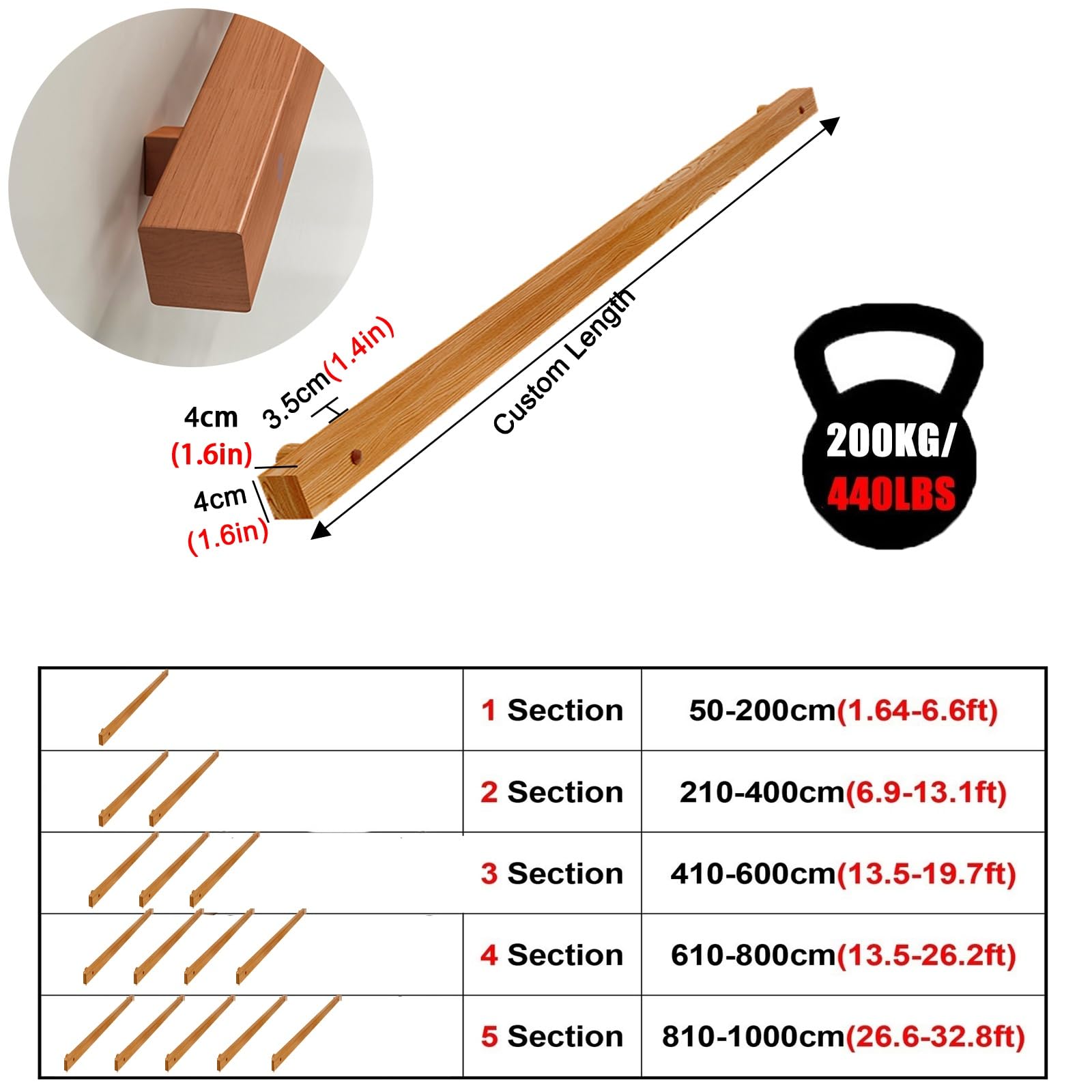 Poręcz do schodów ściennych, zestaw aluminiowych poręczy schodowych do użytku wewnątrz – indywidualne długości od 60 cm do 420 cm, antypoślizgowe poręcze dla dzieci i seniorów, stylowy wygląd drewna