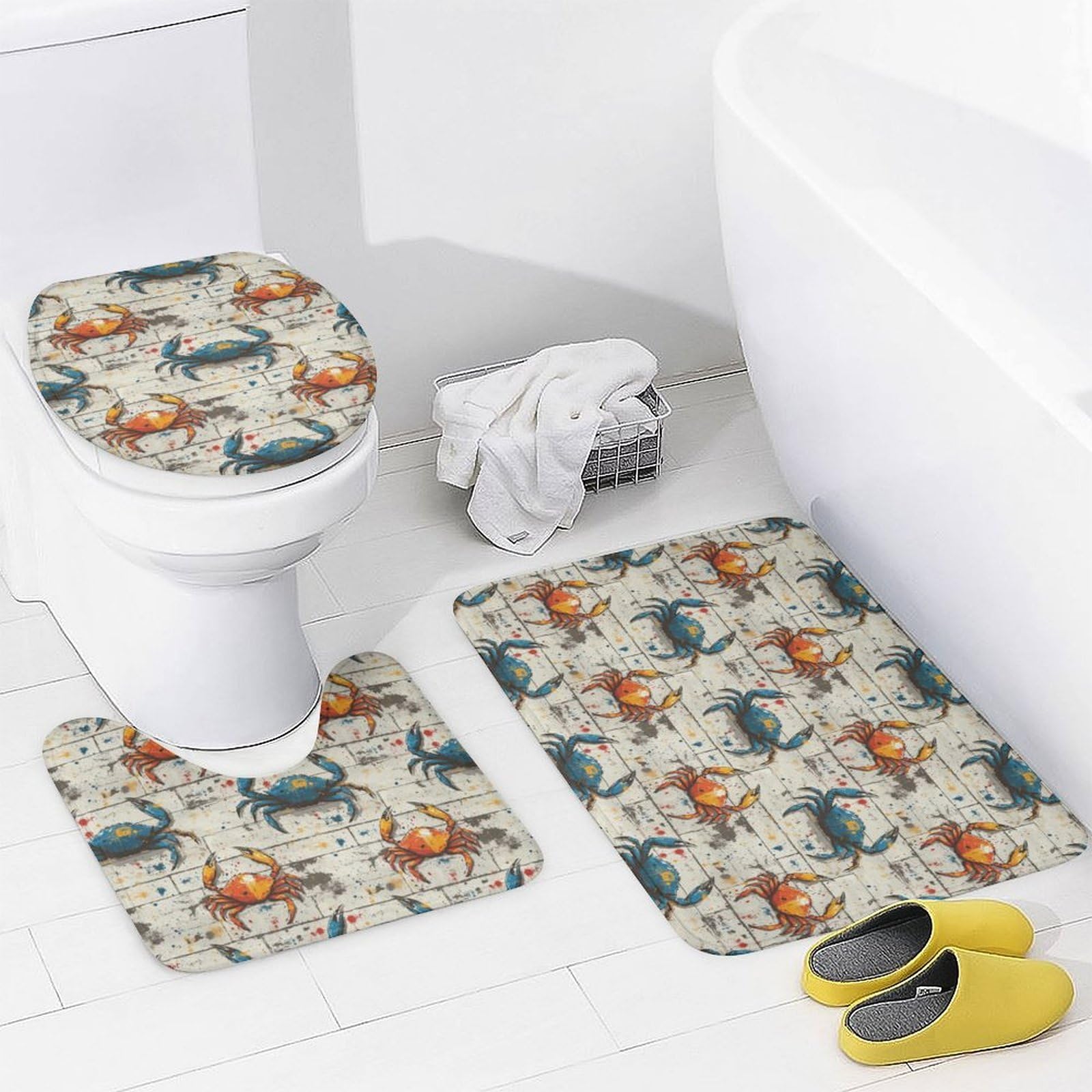 Ensemble de 4 pièces de salle de bain avec rideau de douche et tapis – Tapis de salle de bain tendance et moderne imprimé crabe bleu orange – Accessoires de décoration pour forme de U et tapis de