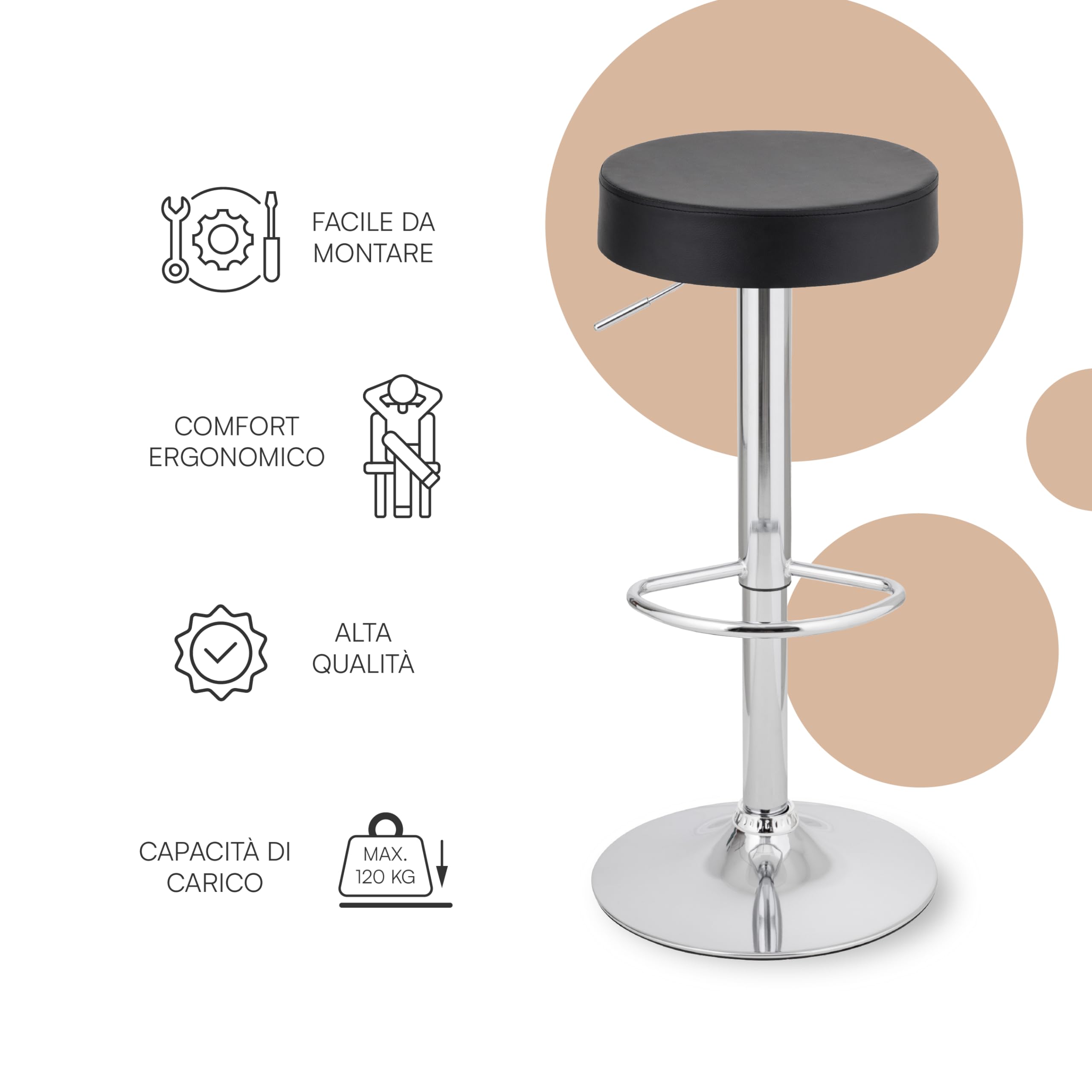 Baroni Home Sgabello Bar Girevole con Altezza Regolabile, Base Cromata con Poggiapiedi e Fondo Antigraffio, Sgabello Cucina, Ristorante, Penisola, Facile da Montare, 35x45x59-79 cm, Nero, 1 Pezzo
