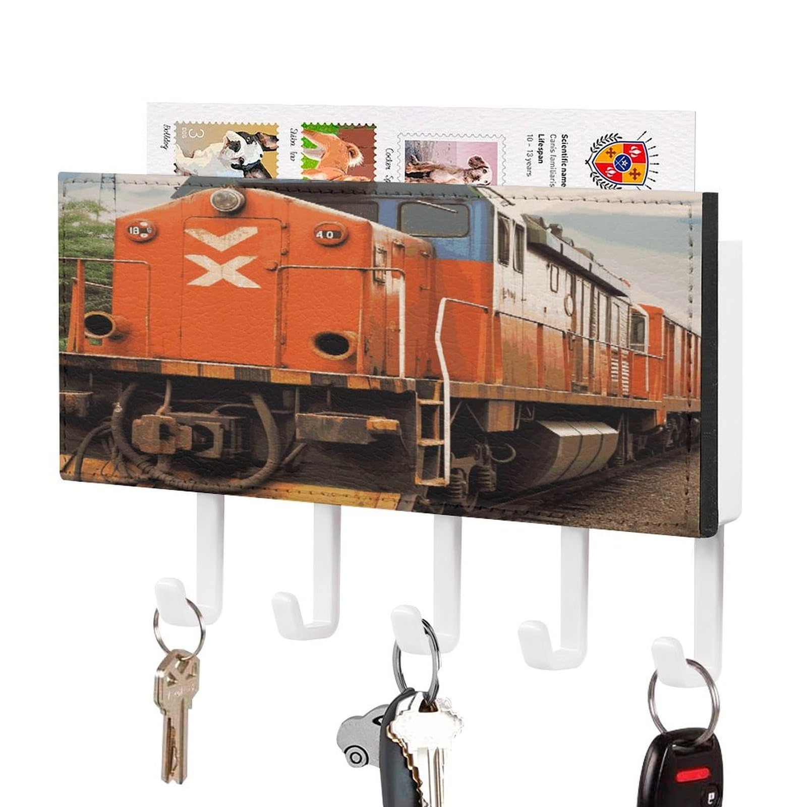 LDGSUPH Train Key Holder Wall Mount Key Hanger with 5 Hooks Fashion Key Organizer Rack Hanging Key Hooks with Mail Organizer Key Rack for Home Entryway Hallway White-Style