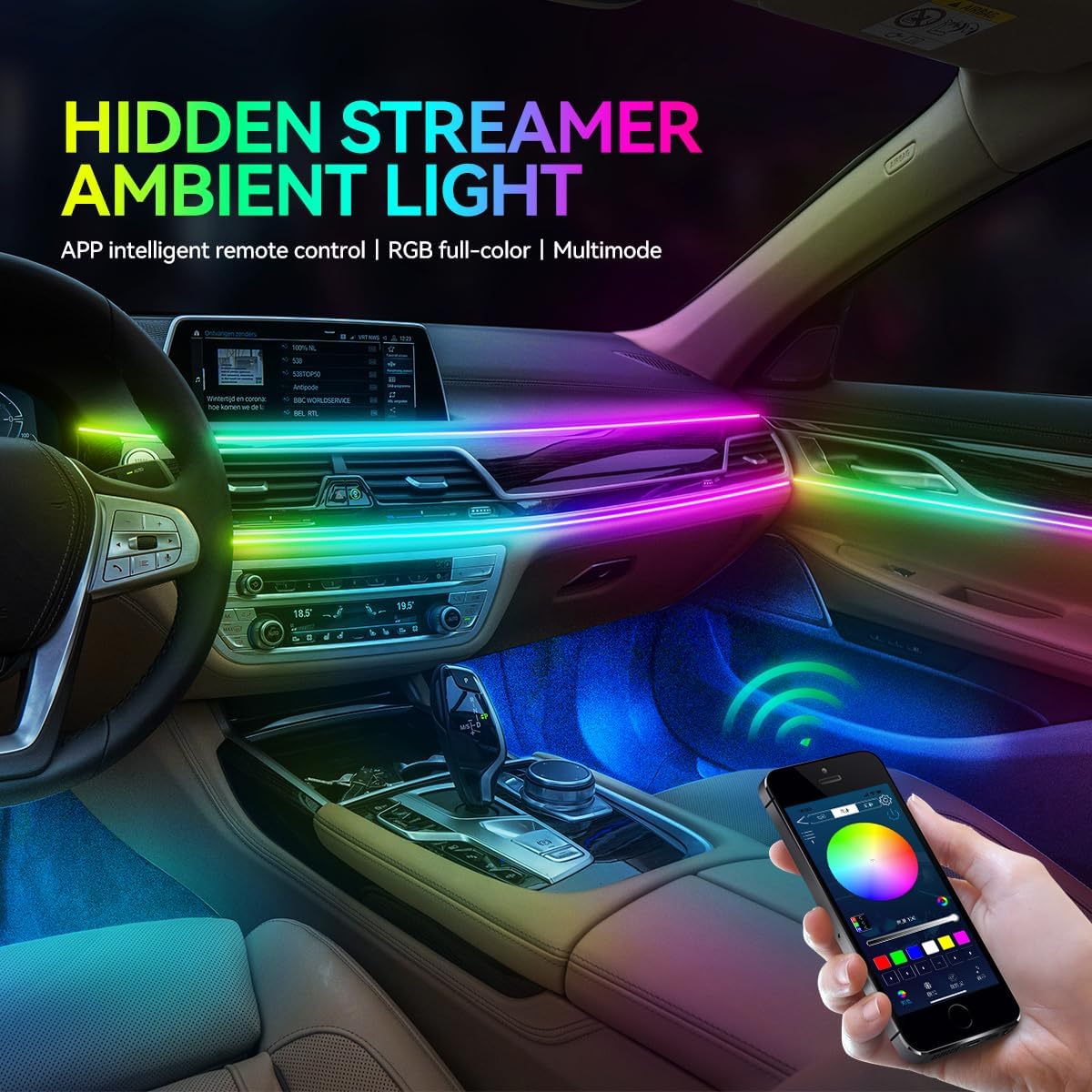 Dreamcolor Acrylic Interior Car LED Strip Lights, Car Ambient Lighting Kit with APP Control, Decorative Lights with Dynamic Chasing Sync to Music, RGB Neon Lighting (18 in 1)