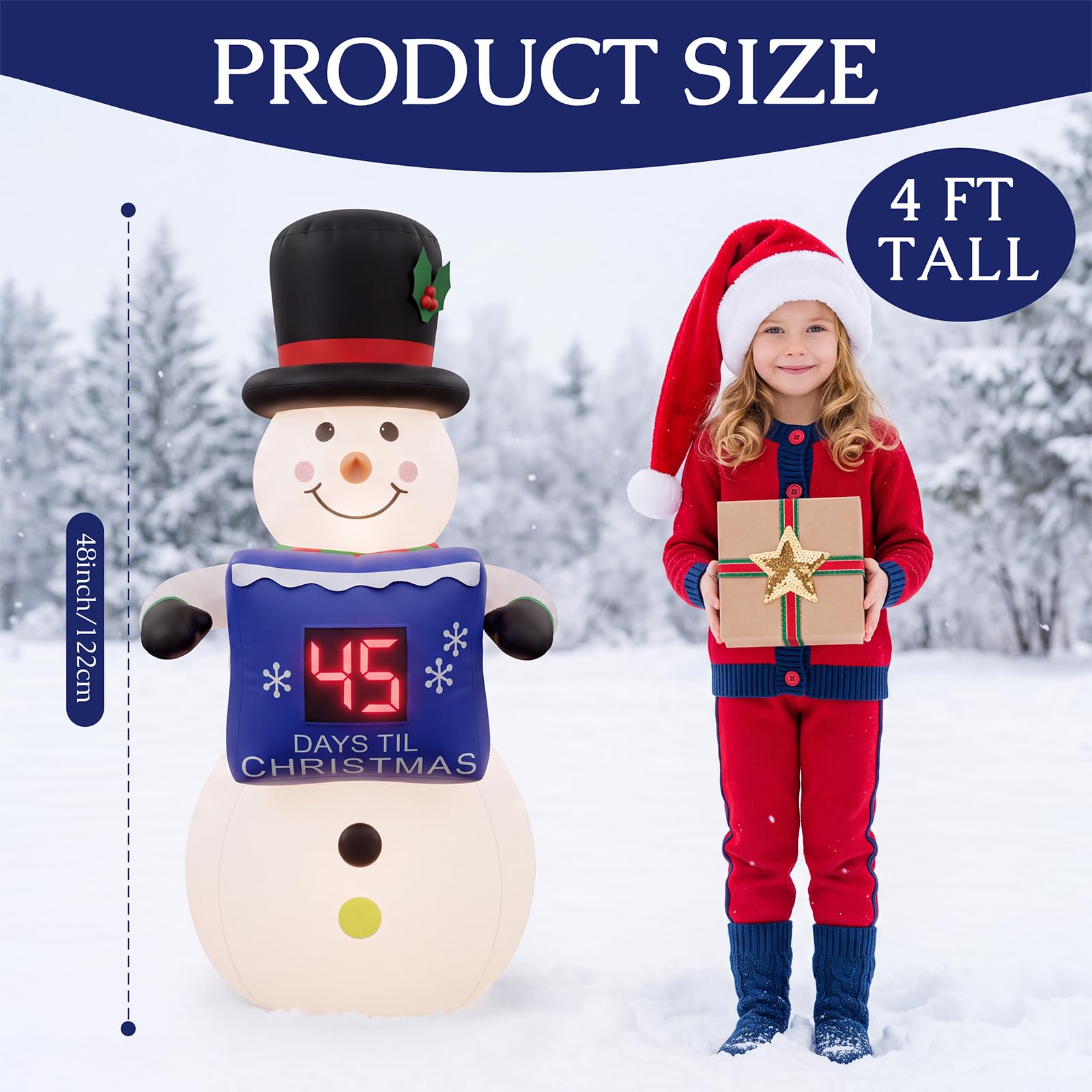 Foilswirl Bonhomme de neige gonflable de Noël de 1,32 m avec compte à rebours LED Bonhomme de neige gonflable Compte à rebours extérieur lumineux Décoration de fête de Noël pour la maison, la cour, le