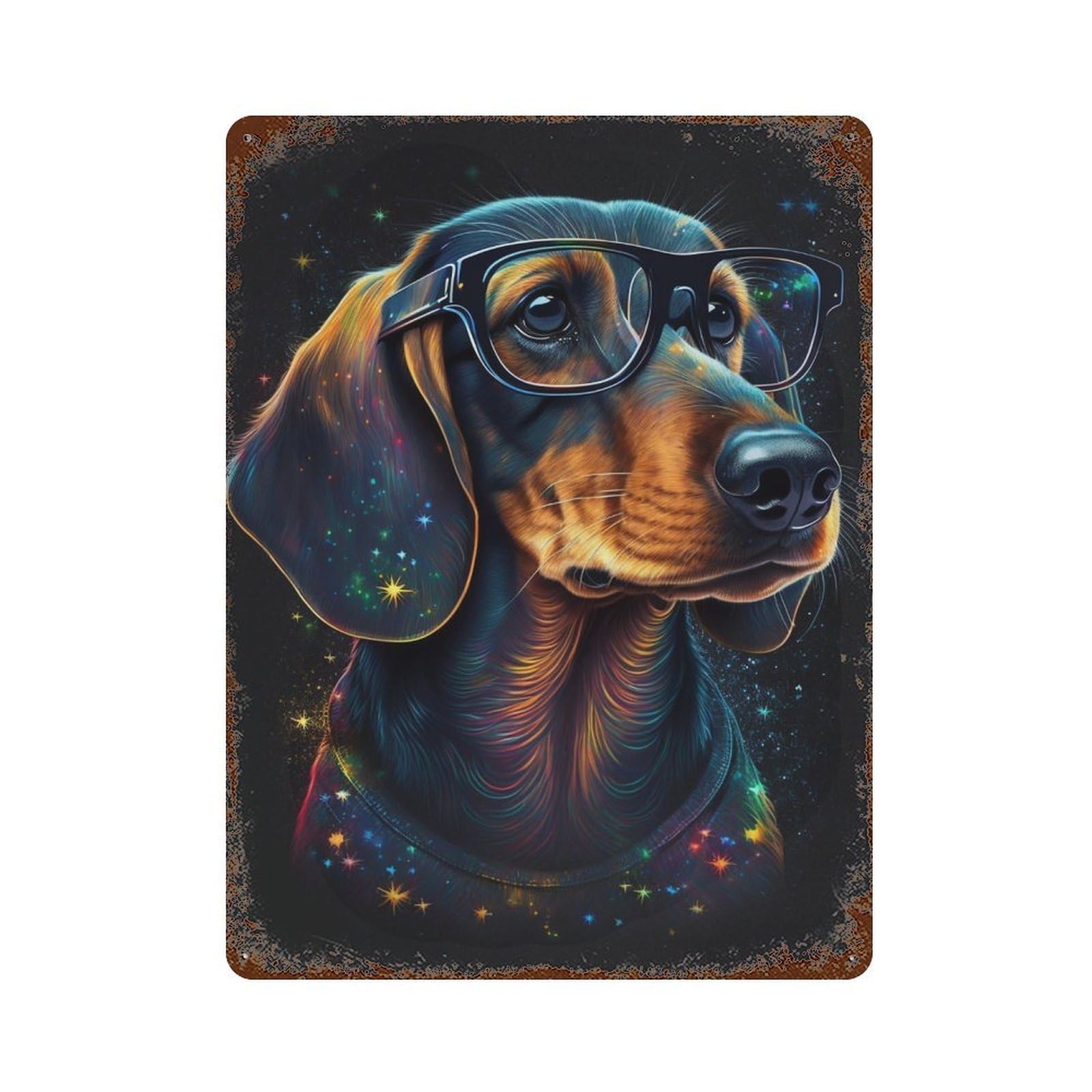 Galactic Dachshund Glasses Art Print Decorative Tin Sign 15.7"x11.8", Vintage Wall Decor for Basement, Hobby Room And Garage Decor