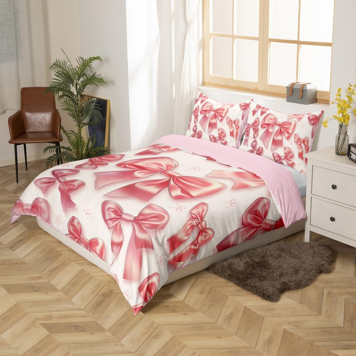 Erosebridal Cute Ribbon Bow Comforter Cover Pink Kawaii Bowknot Toddler Bedding Set for Girls Kids Teen,Watercolor Bow Princess Duvet Cover Dreamy Bowknot Bed Set 2 Pcs