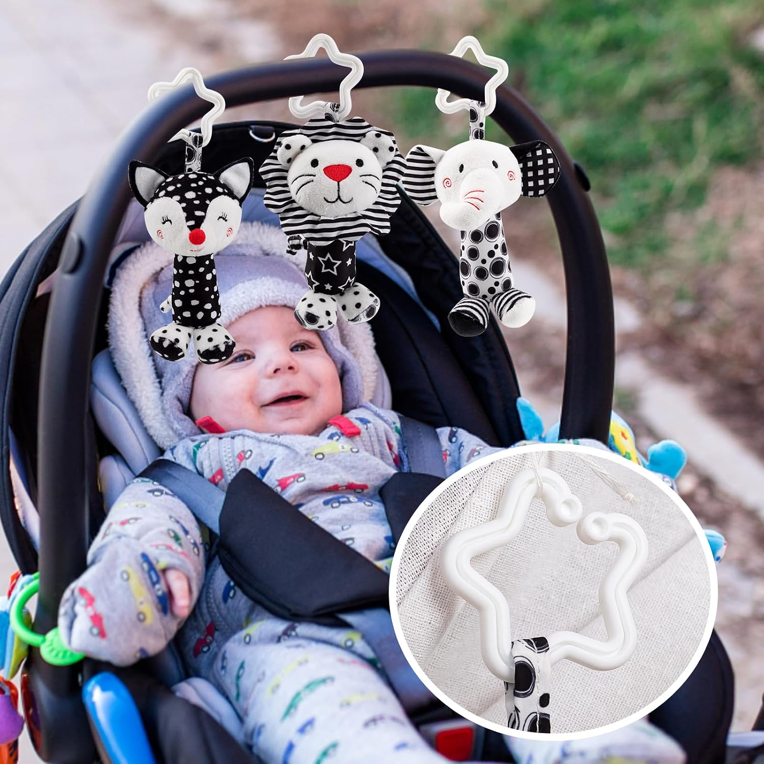 Black & White Baby Wind Chime Hanging Toys - High Contrast Rattles for Newborns 0-12 Months, Stroller & Car Seat Mobile, Hanging Rattle Toys for Babies, Clip Hanging Plush Squeeze Toys