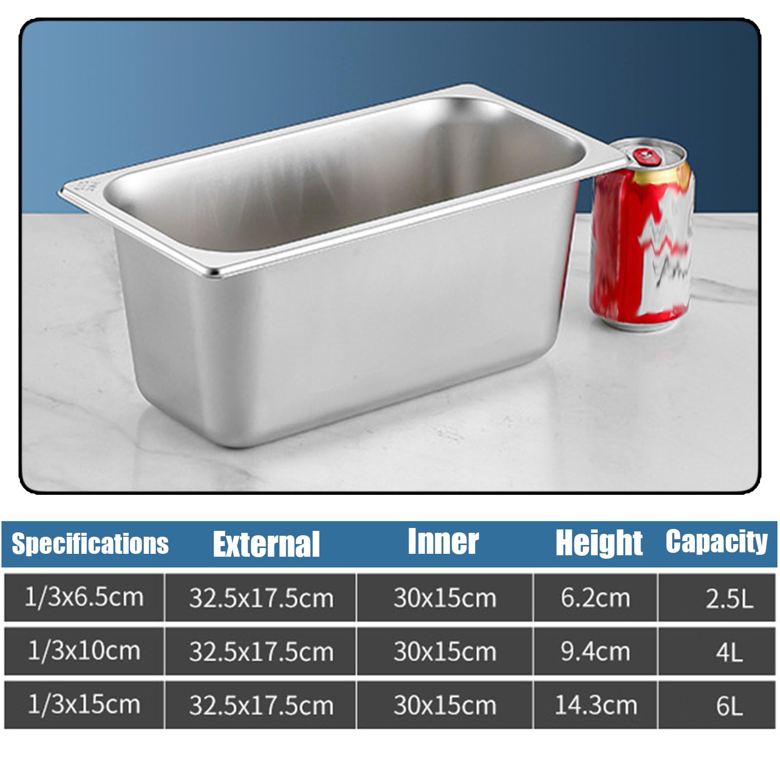 Contenedor GN Accesorios para Pizza,Rectángulo Acero Inoxidable Contenedor Gastronorm,Recipientes para Alimentos Apilable,1/3（32.5 * 17.5cm）,6.5cm