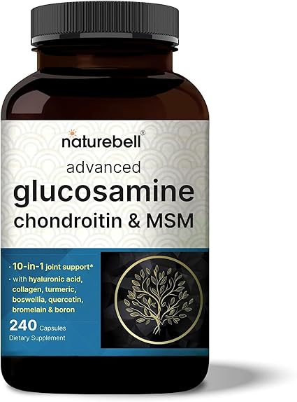 Glucosamine Chondroitin MSM Supplement, 240 Capsules | 10-in-1 Joint Supplements for Men & Women – with Hyaluronic Acid, Collagen, Glucosamine Sulfate, Turmeric, Boswellia, & More – Non-GMO