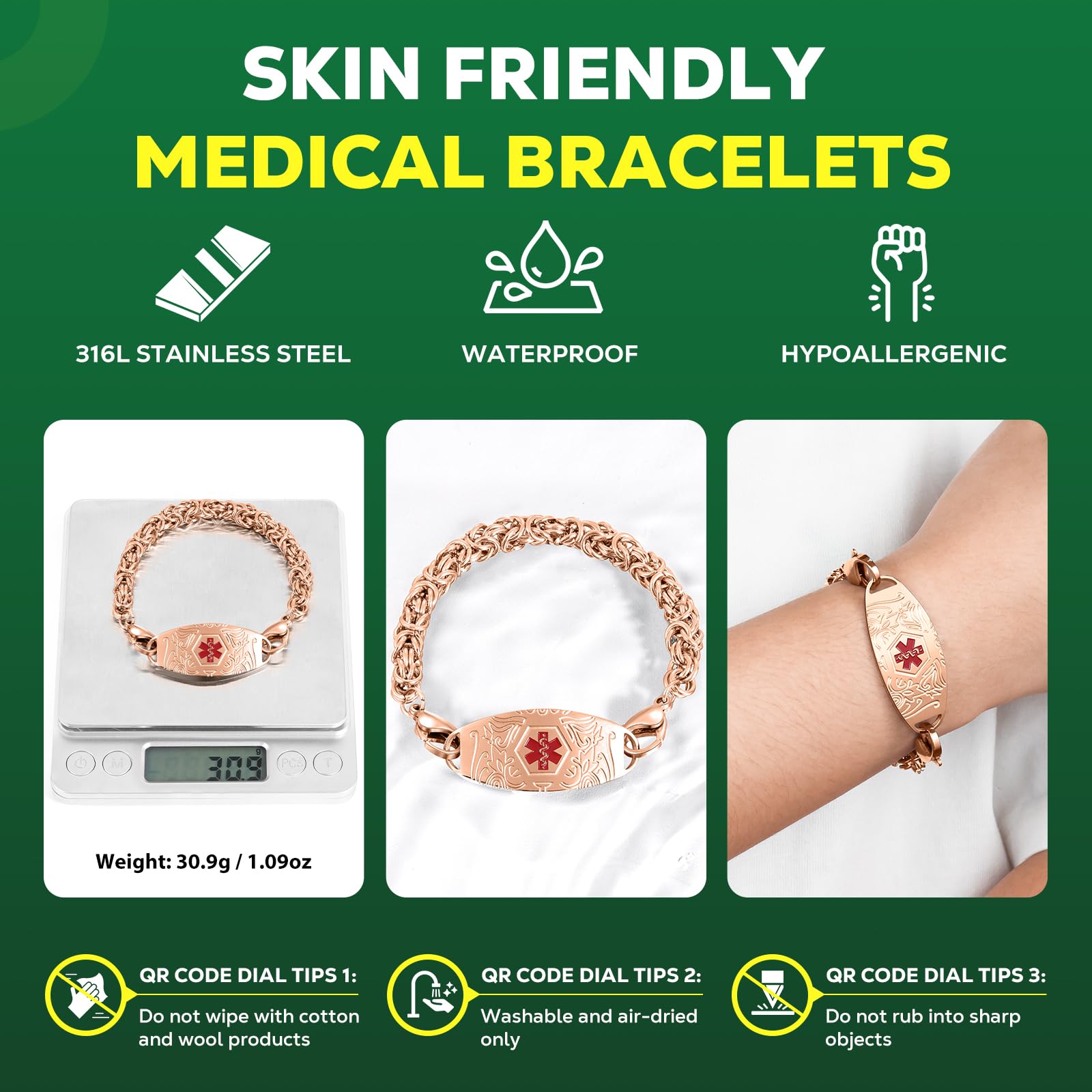 Braccialetti medici aggiornati da uomo e donna con codice QR ID per avvisi medici – Cinturino in acciaio al titanio per polsi fino a 20,3 cm – 25,4 cm – più spazio personalizzato di