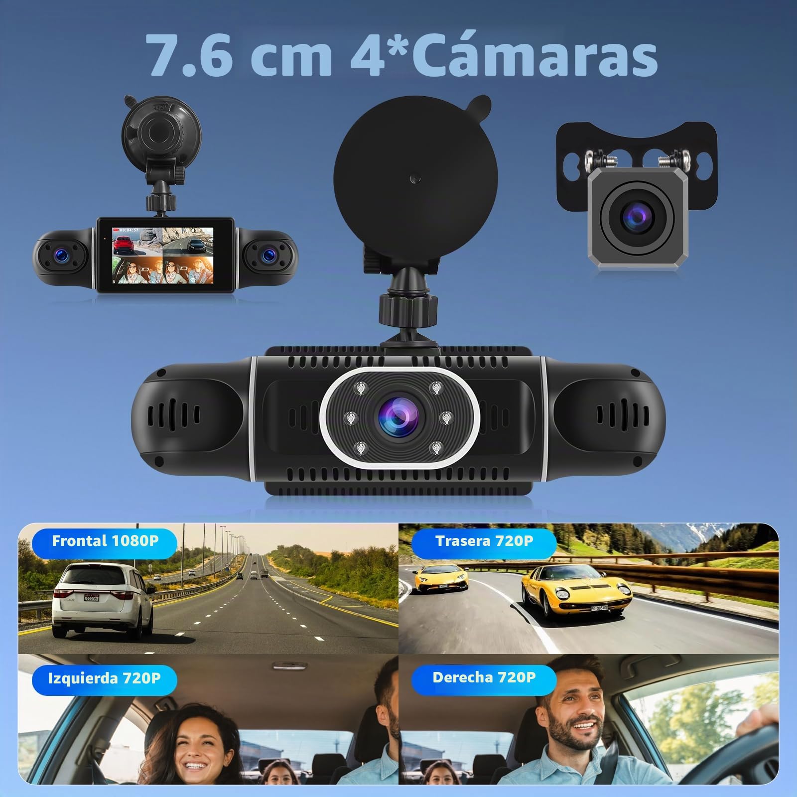 Camara de Salpicadero para Coche, Cámara para Salpicadero de 4 Canales Delante y Detrás, Dashcam Coche con Pantalla IPS de 3 Pulgadas con Visión Nocturna WiFi, Sensor G, Grabación en Bucle