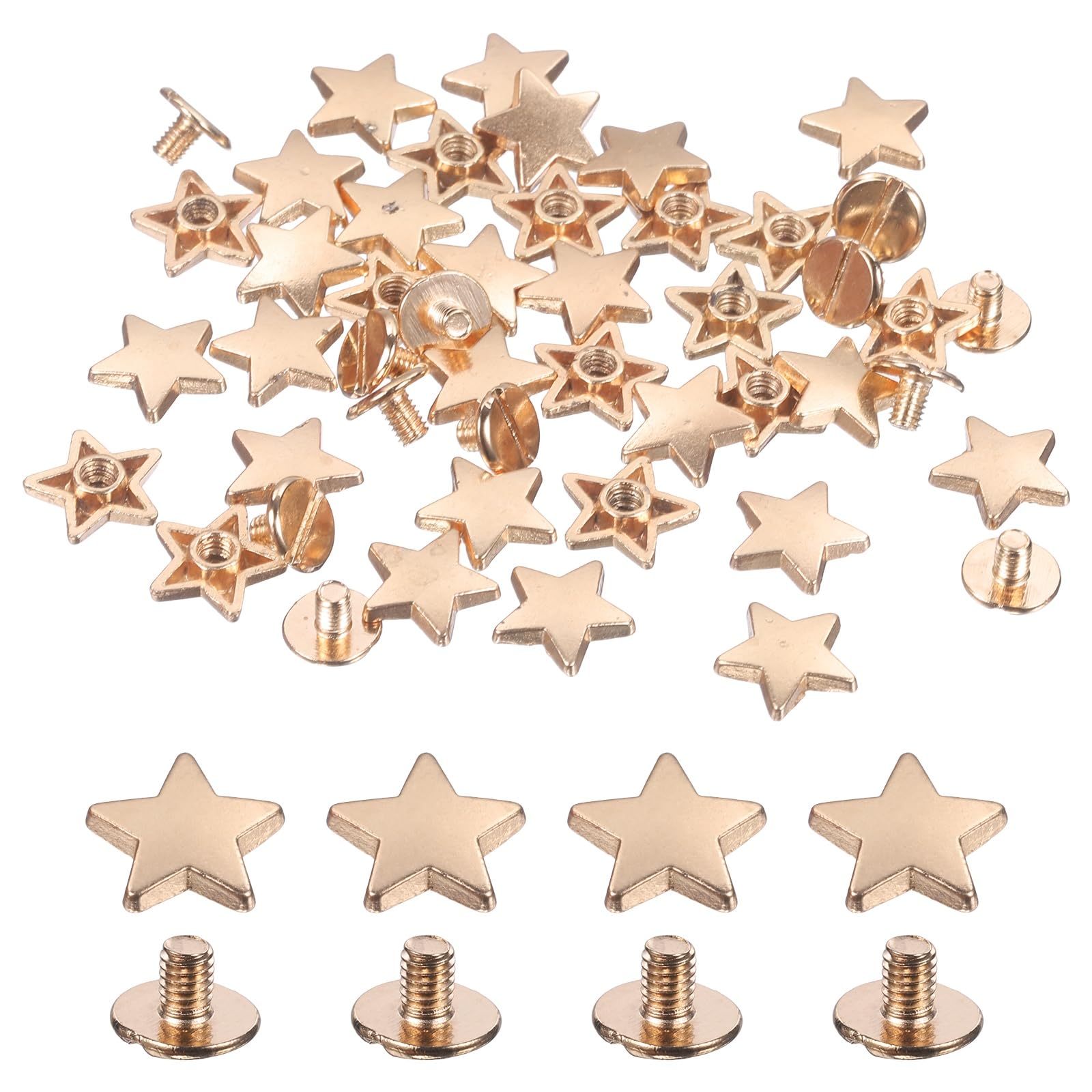 sourcing map 48 Set Metal Star Rivets Studs, 12mm Star Garment Leather Rivet Screws Five-Pointed Nailhead Punk Stud and Spikes with Screw for Leather Craft DIY Clothing Belt Bag, Light Gold