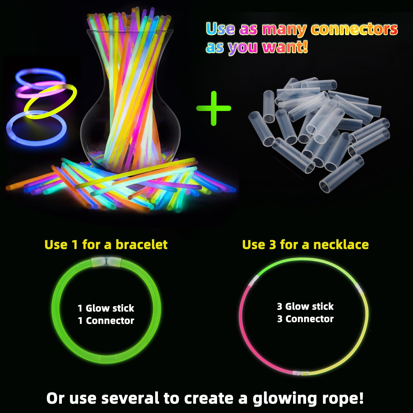 400 varillas brillantes a granel, pulseras iluminadas de neón y collares brillantes con conectores, palos que brillan en la oscuridad, Pascua, Navidad, paquete de suministros de fiesta de Halloween