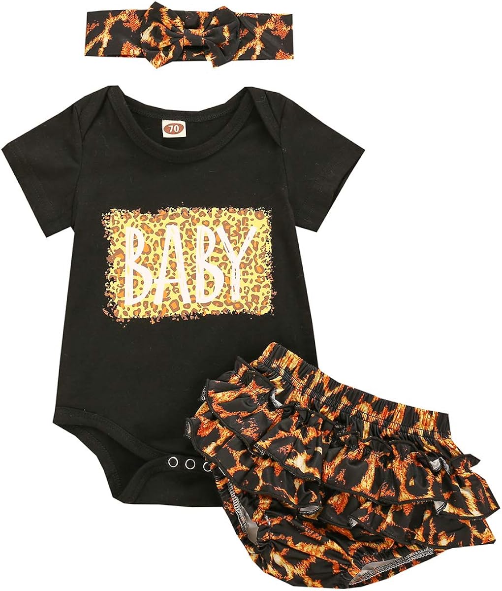 Amazon Com 3pcs Toddler Baby Girl Outfits Byby Printed Short Sleeve Romper Leopard Shorts Headband Summer Clothes Set Clothing