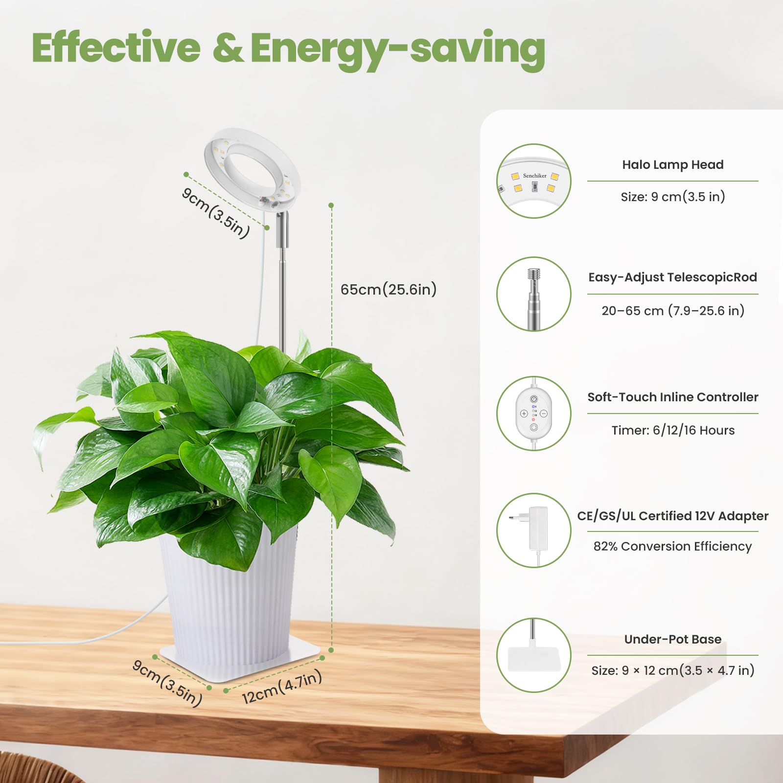Lampe de croissance 12V pour plantes d’intérieur, Spectre complet renforcé 660 nm, Petite lampe LED Halo avec base sous-pot, Minuterie & gradation, 6W, 118 µmol/m²/s @15 cm, Lot de 2