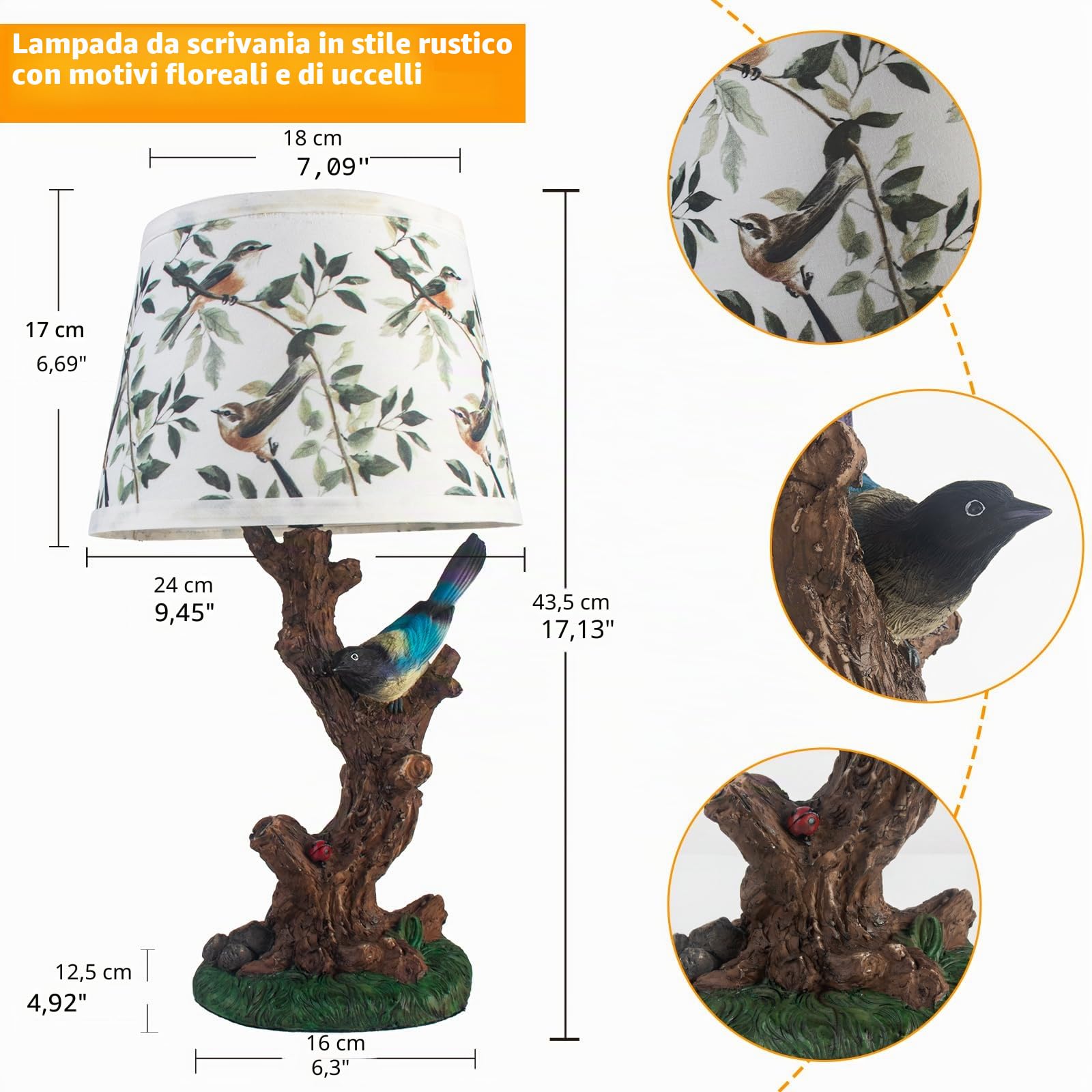 FIRVRE Lampada da Tavolo in Stile Rustico, Lámpara Mesita Noche Vintage con Base in Resina e Paralume in Lino, Lampada da Salotto Personalizzata Ispirata alla Natura, con Elementi di Design Aviarie