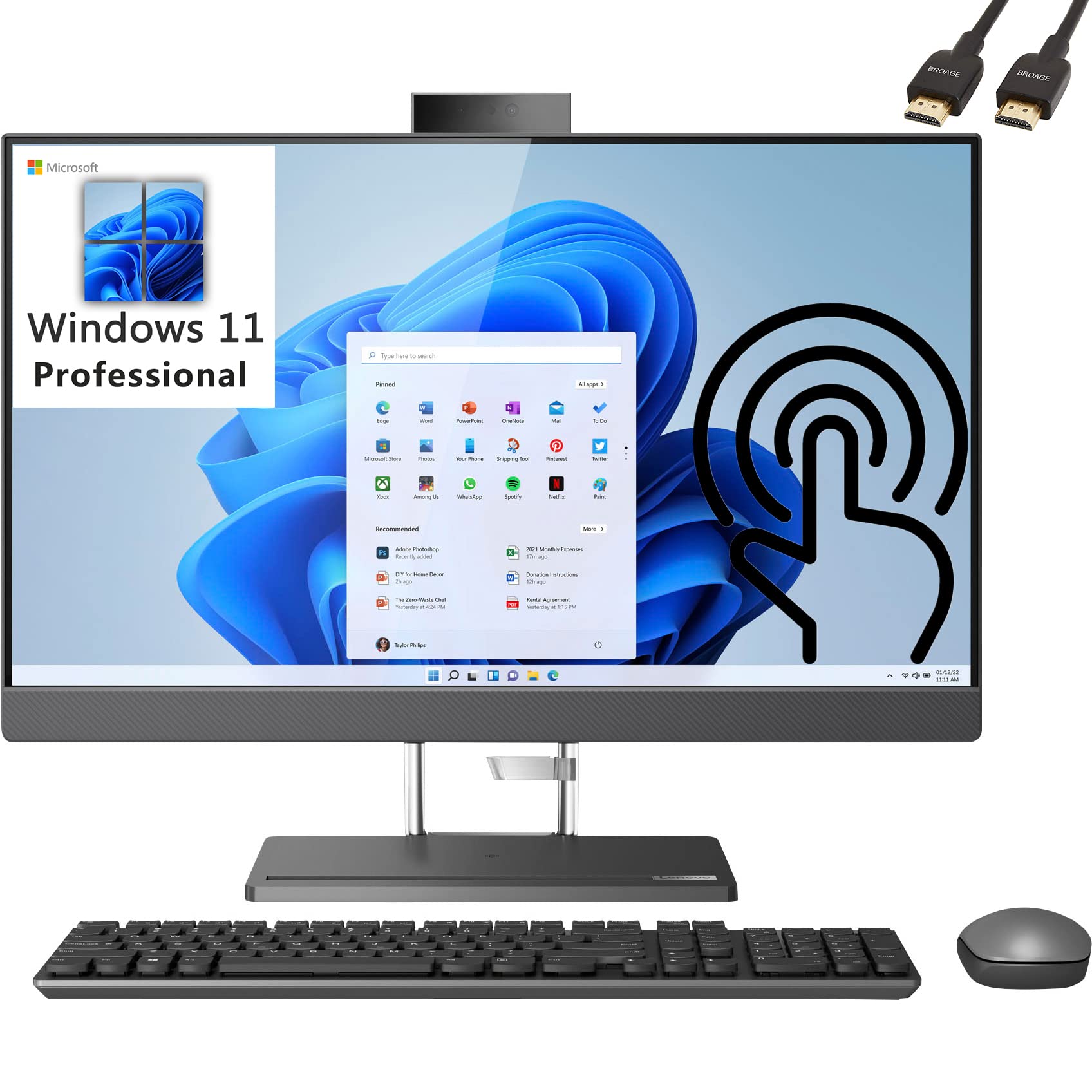 LenovoIdeaCentre AIO 5 24 23.8" Touchscreen FHD Business All-in-One Desktop Computer, 12th Gen Intel 12-Cores i5-12500H, 16GB DDR5 RAM, 512GB PCIe SSD, WiFi 6, Windows 11 Pro, BROAG Cable