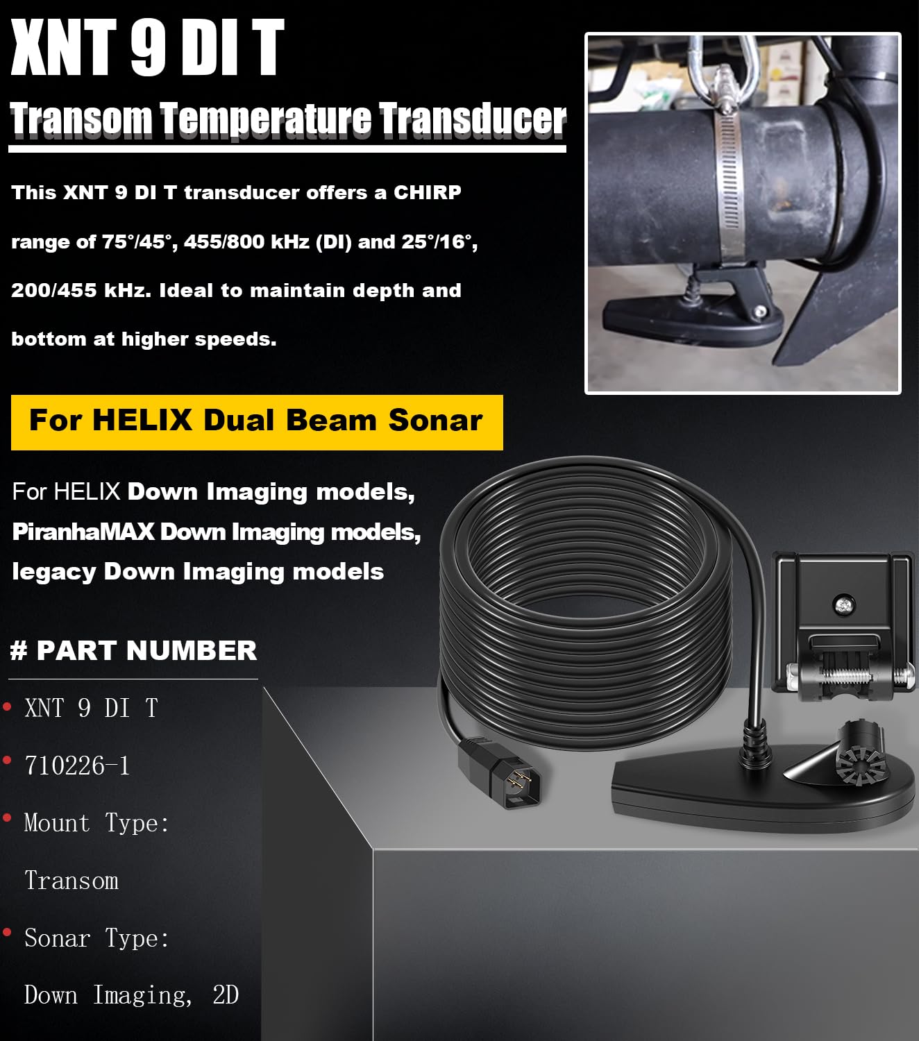 710226-1 XNT 9 DI T pour transducteur de tableau arrière Humminbird Helix avec sonar à double faisceau et imagerie descendante - 200/455 kHz, avec transducteur de montage sur tableau arrière de